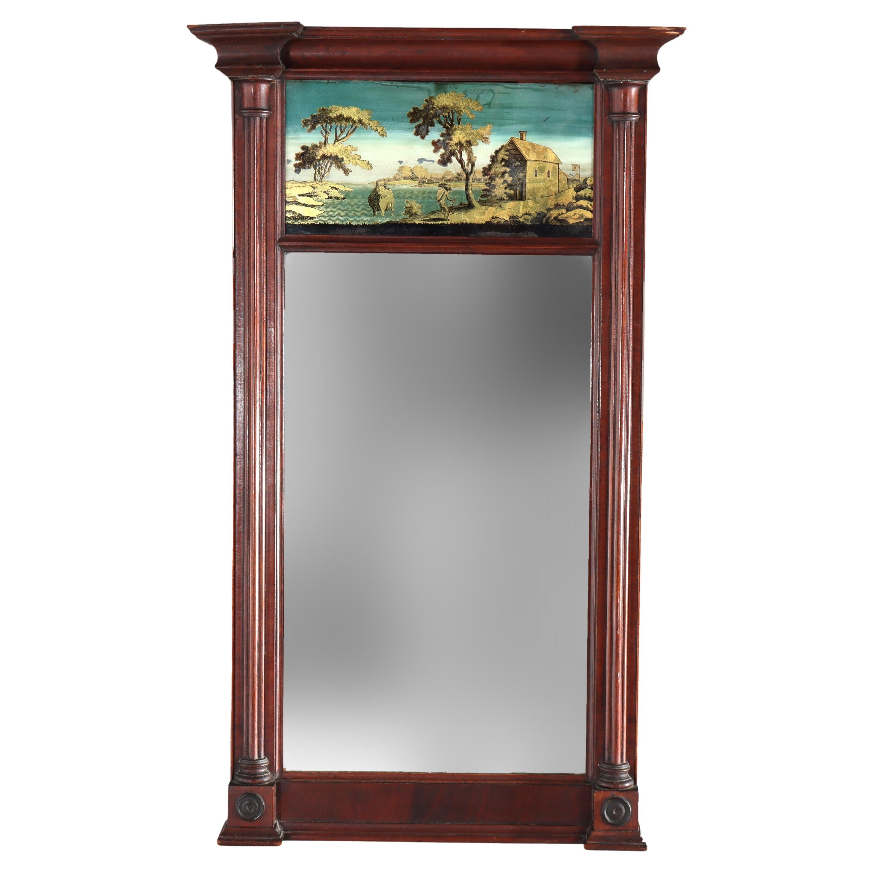 Antique Feder Mirror en placage d
acajou avec panneau de paysage en Englomise c1830