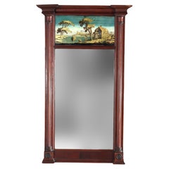 Antique Federal Mahogany Veneer Mirror With Englomise Landscape Panel c1830