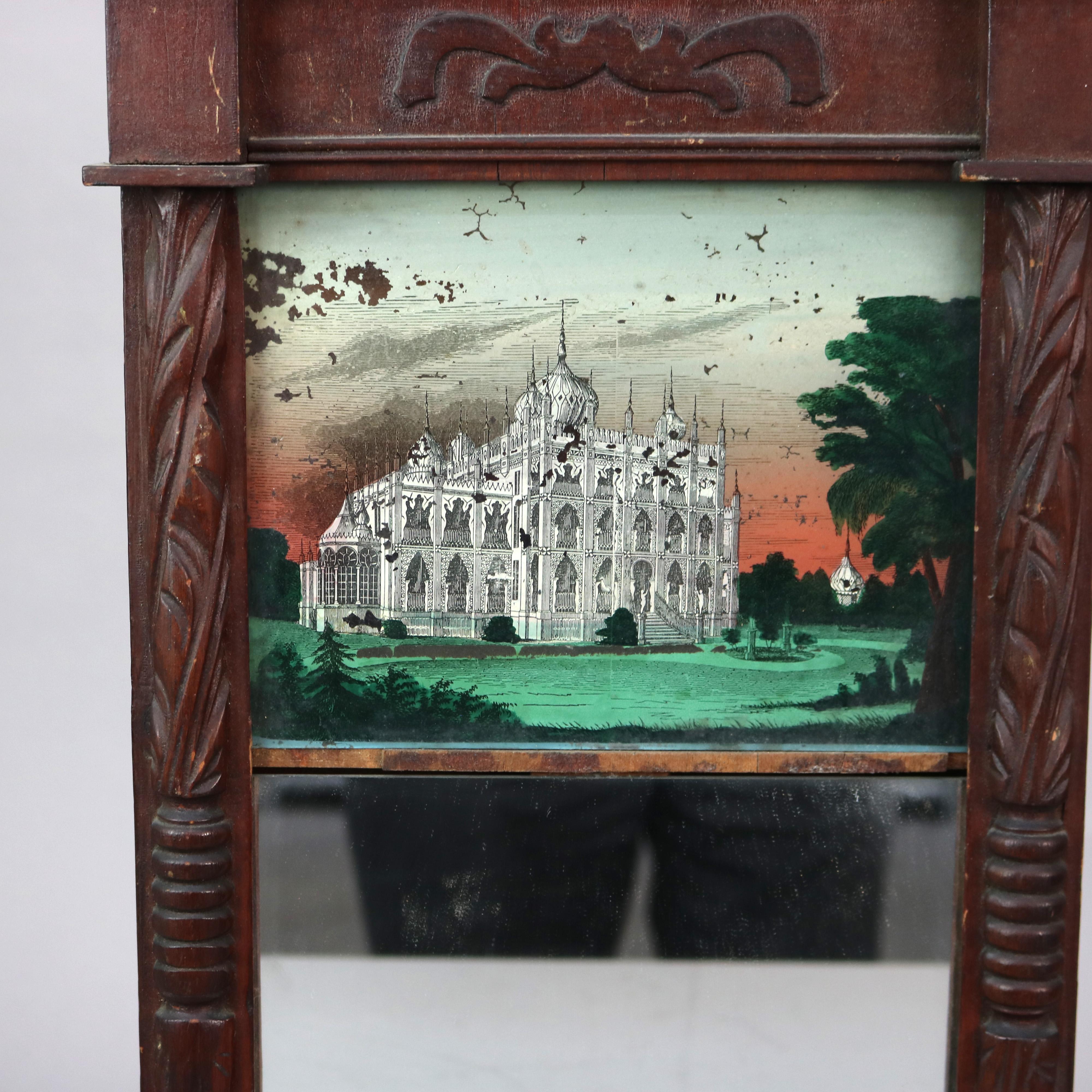 Miroir fédéral ancien avec panneau églomisé peint à la main représentant une scène de palais C1850

Mesures - 22,25 