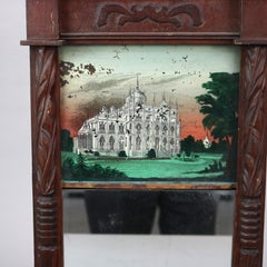 Antique Federal Mirror with Hand Painted Eglomise Panel with Palace Scene C1850