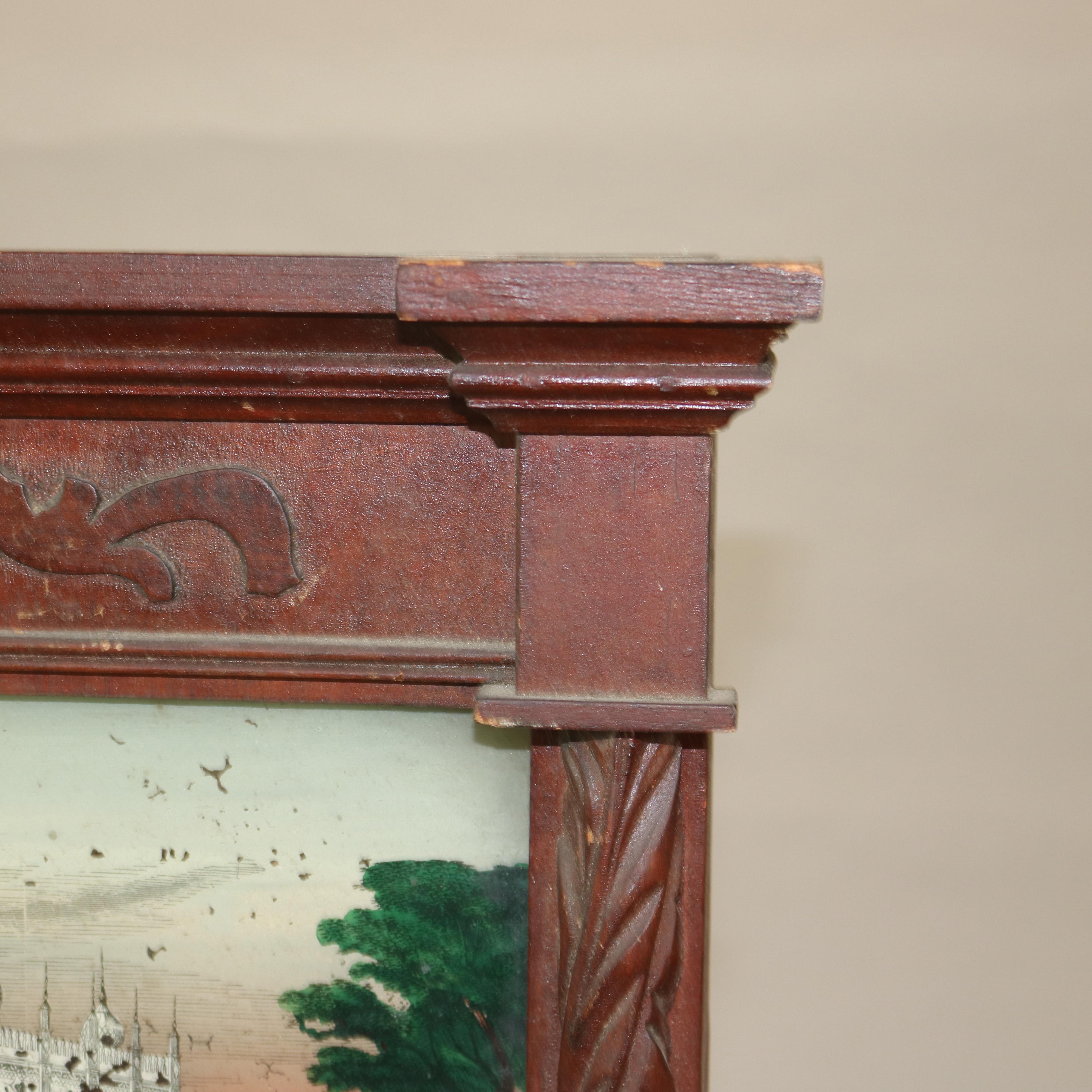 XIXe siècle Miroir fédéral ancien avec panneau églomisé peint à la main représentant une scène de palais C1850 en vente