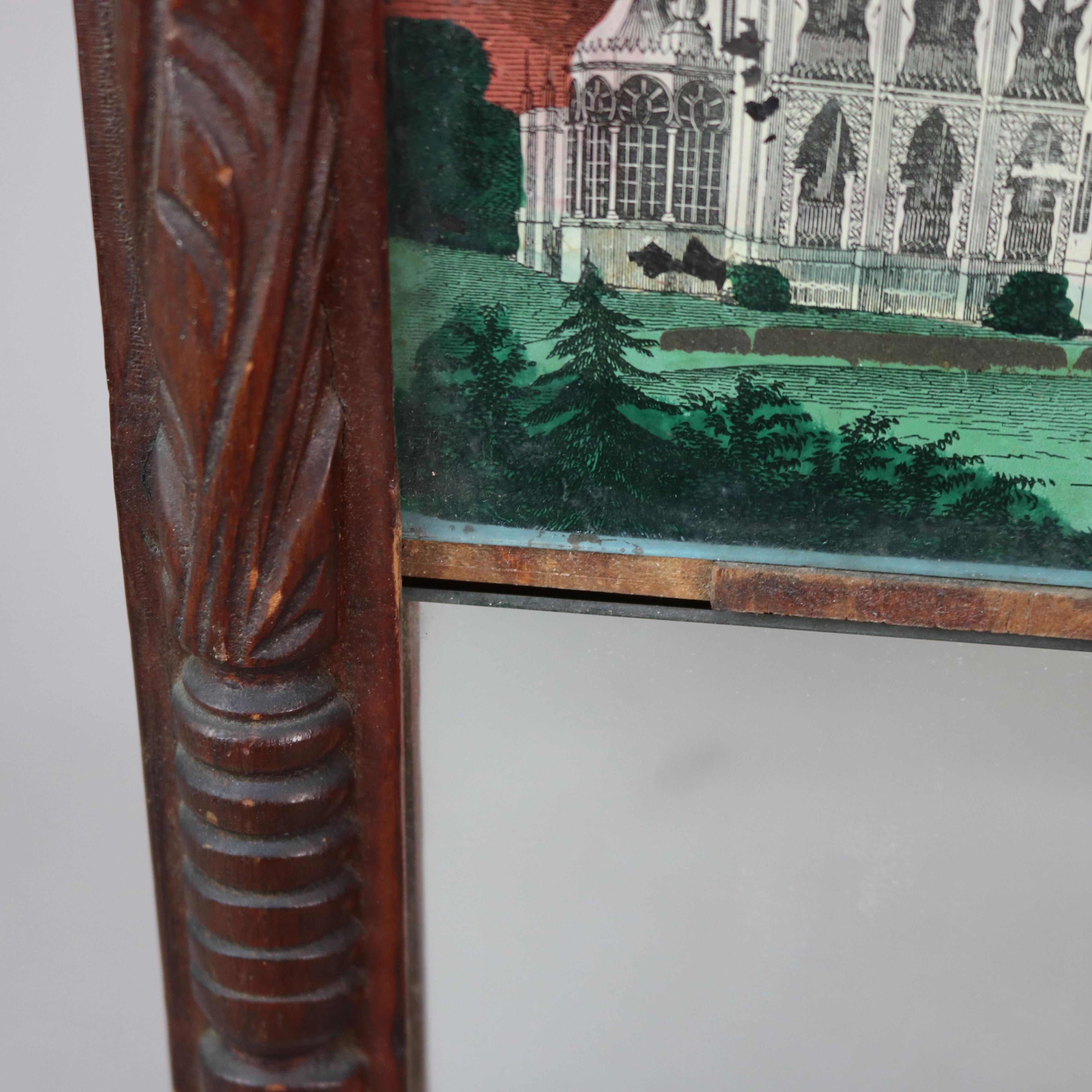 Verre Miroir fédéral ancien avec panneau églomisé peint à la main représentant une scène de palais C1850 en vente