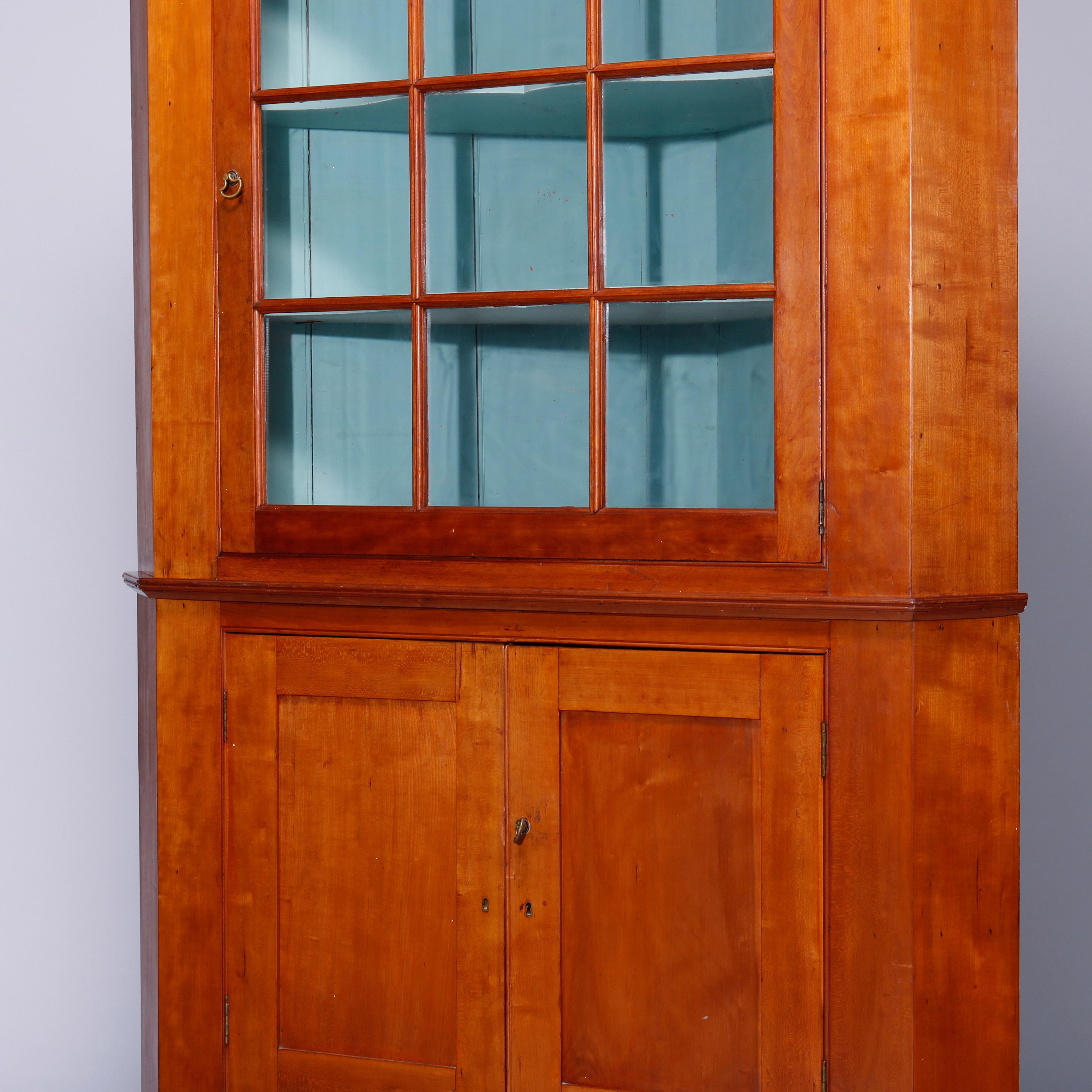 Glass Antique Federal Pennsylvania Cherry Two-Piece Mullioned Corner Cabinet, c1830