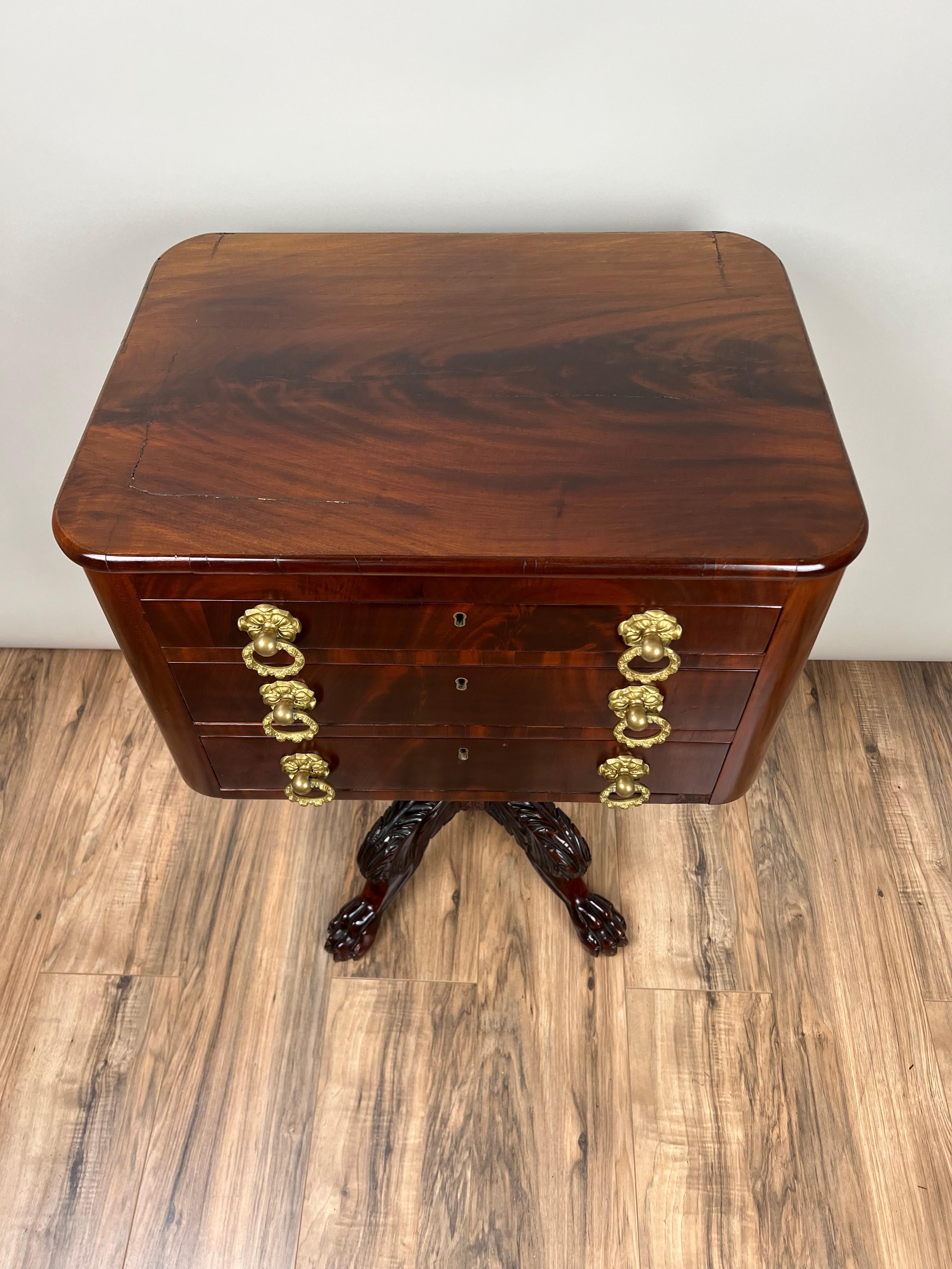 Early 19th Century Antique Federal Period Mahogany Three Drawer Stand with Embossed Pulls c. 1820 For Sale
