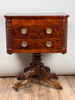 Antique Federal Period Mahogany Work Table with Pineapple Carved Pillars c. 1840