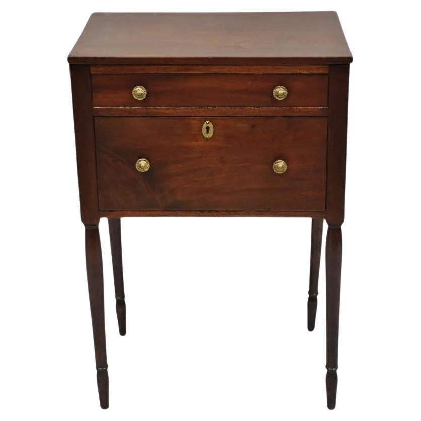 Antique Federal Sheraton Mahogany 2 Drawer Work Stand Side Table Nightstand For Sale