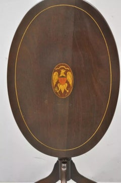 Antique Federal Sheraton Mahogany Eagle Shield Flag Inlay Tilt Top Lamp Table