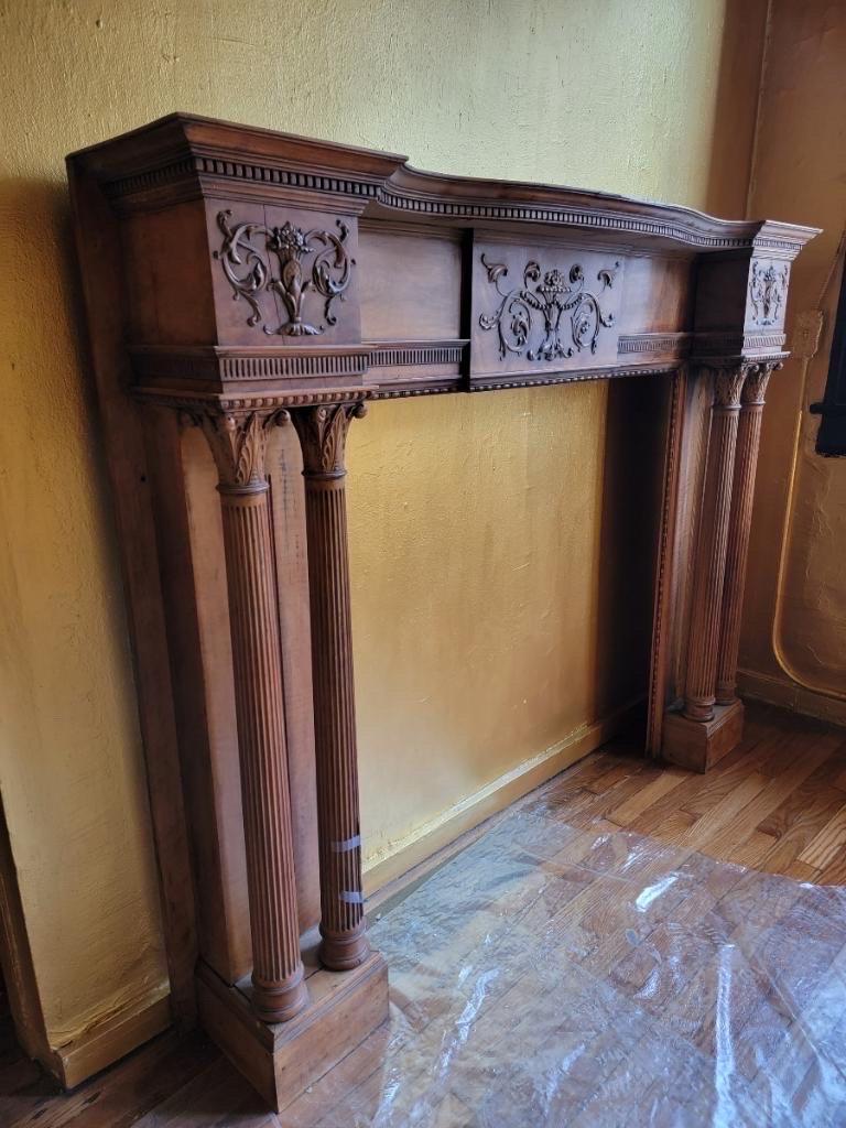 Wood Antique Federal Style Carved Fireplace Surround & Mantel