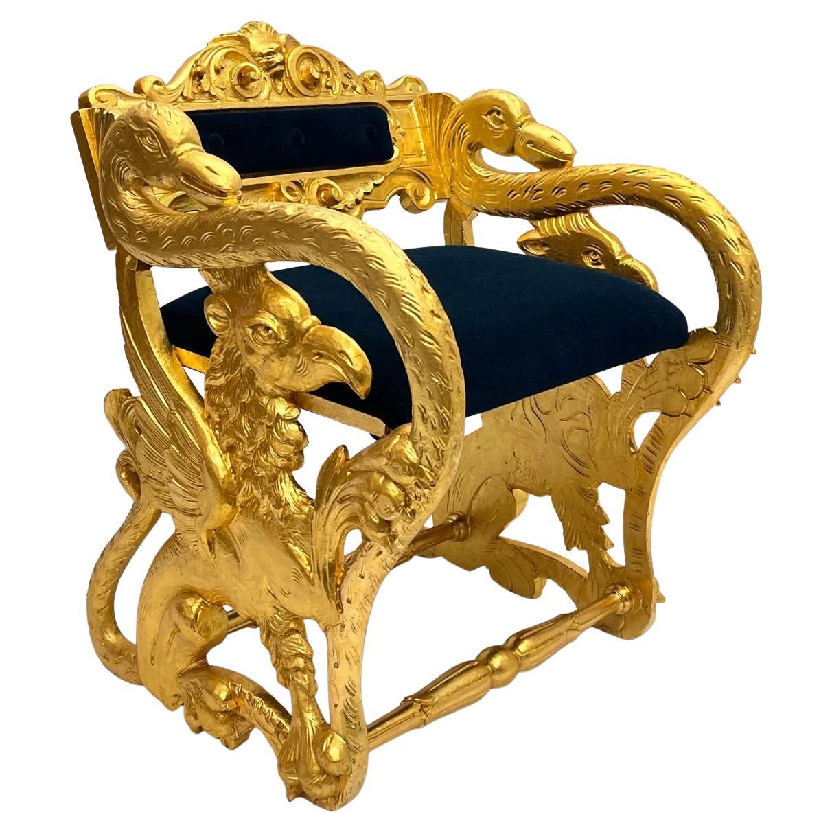 Antique Federal Style Carved Gilt Swan And Eagle Carousel Mohair Bench