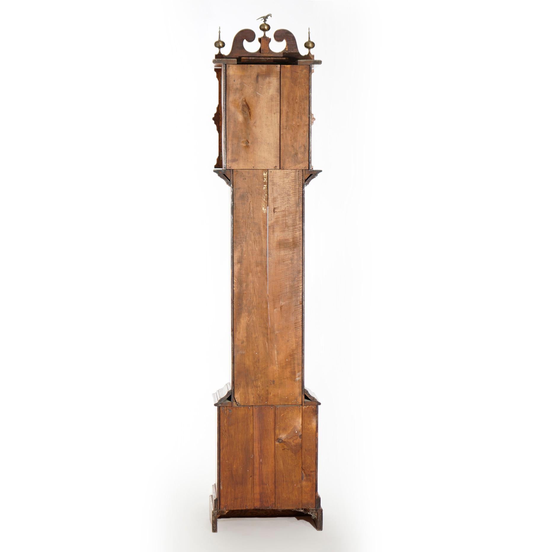 American Antique Federal Style Carved Oak Tall Case Clock by Ithaca, 20th C