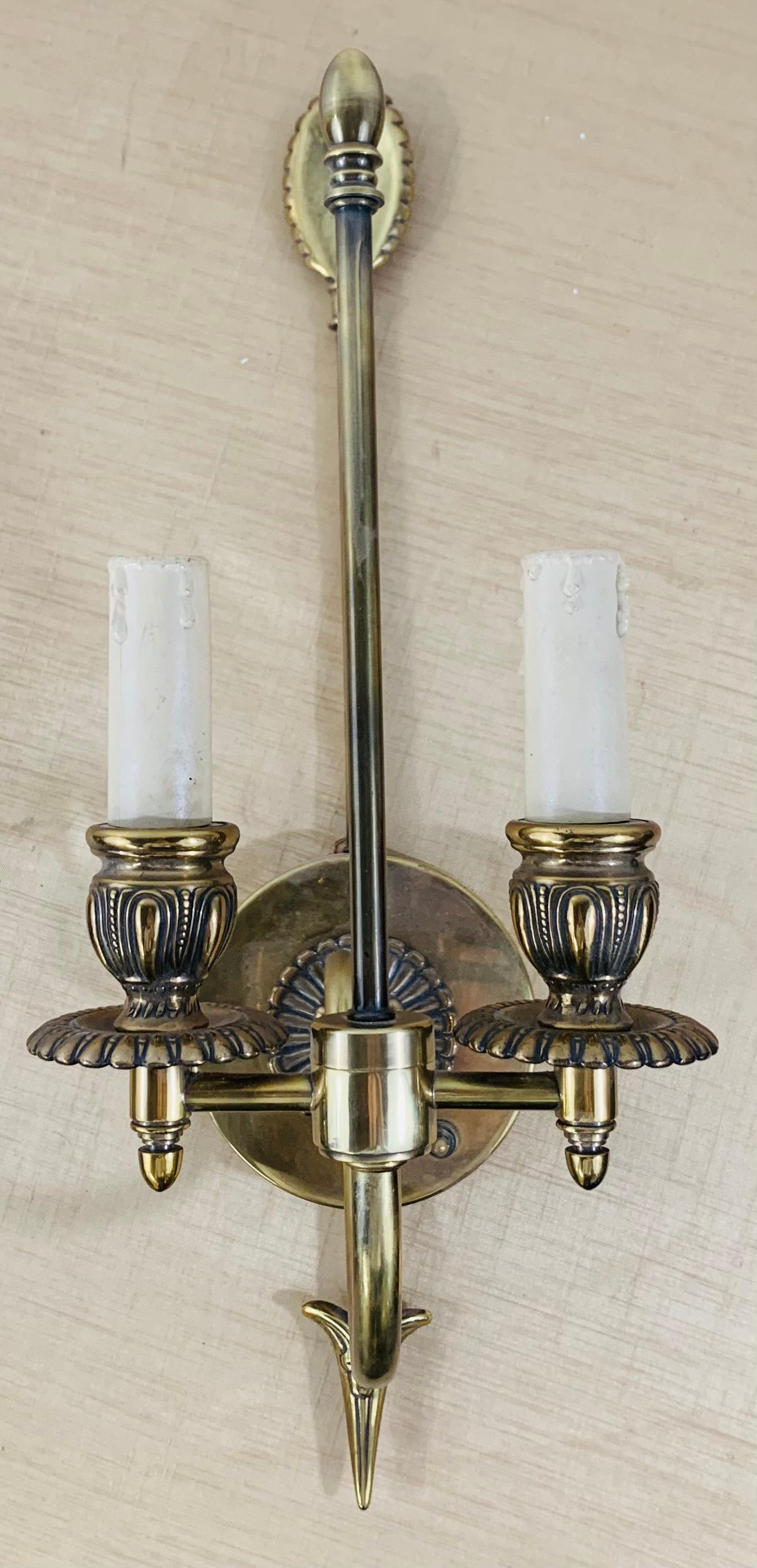 Antique Federal Style Double Arm Brass Wall Sconce, a Pair In Good Condition In Plainview, NY