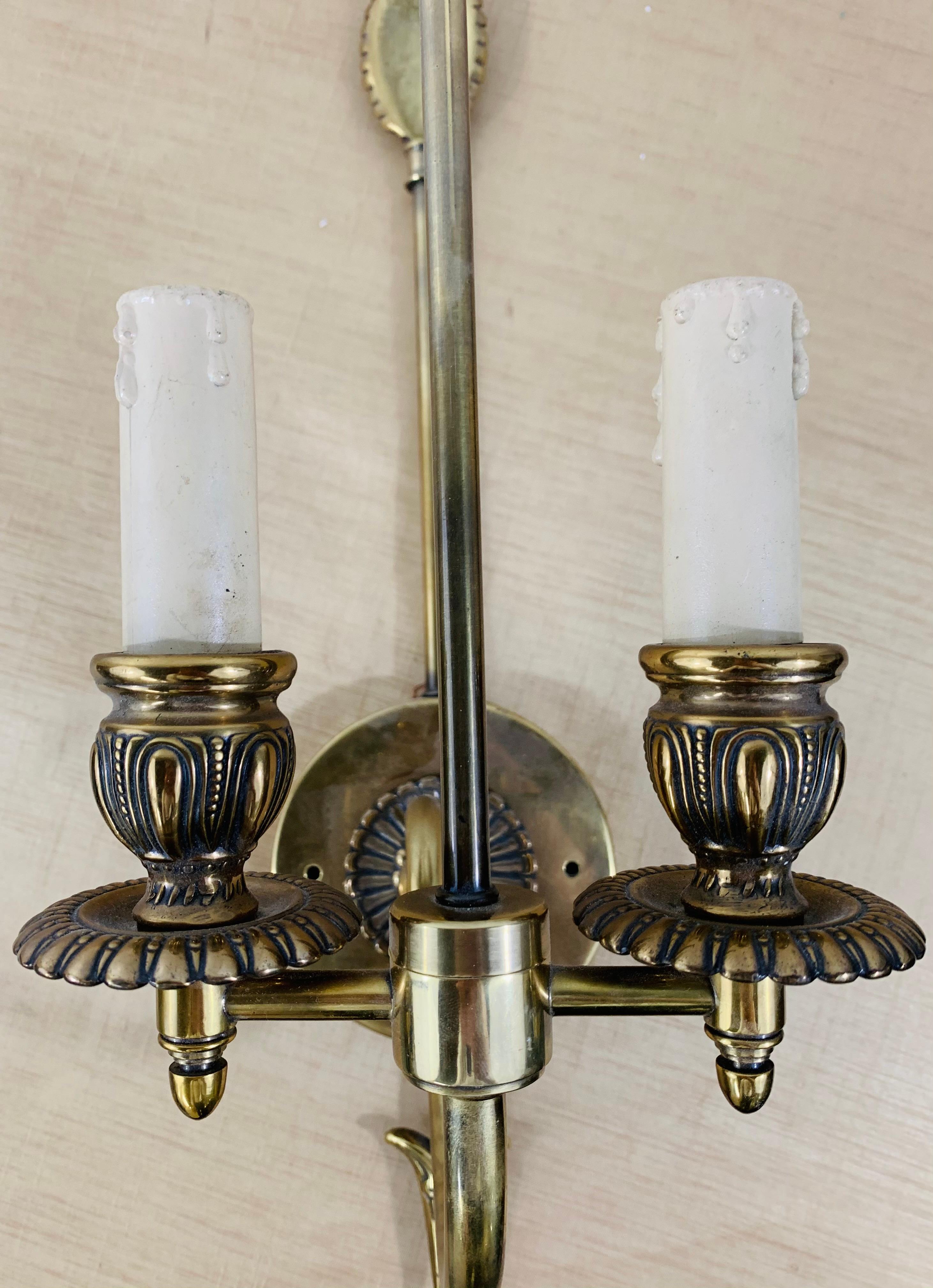 Antique Federal Style Double Arm Brass Wall Sconce, a Pair 1
