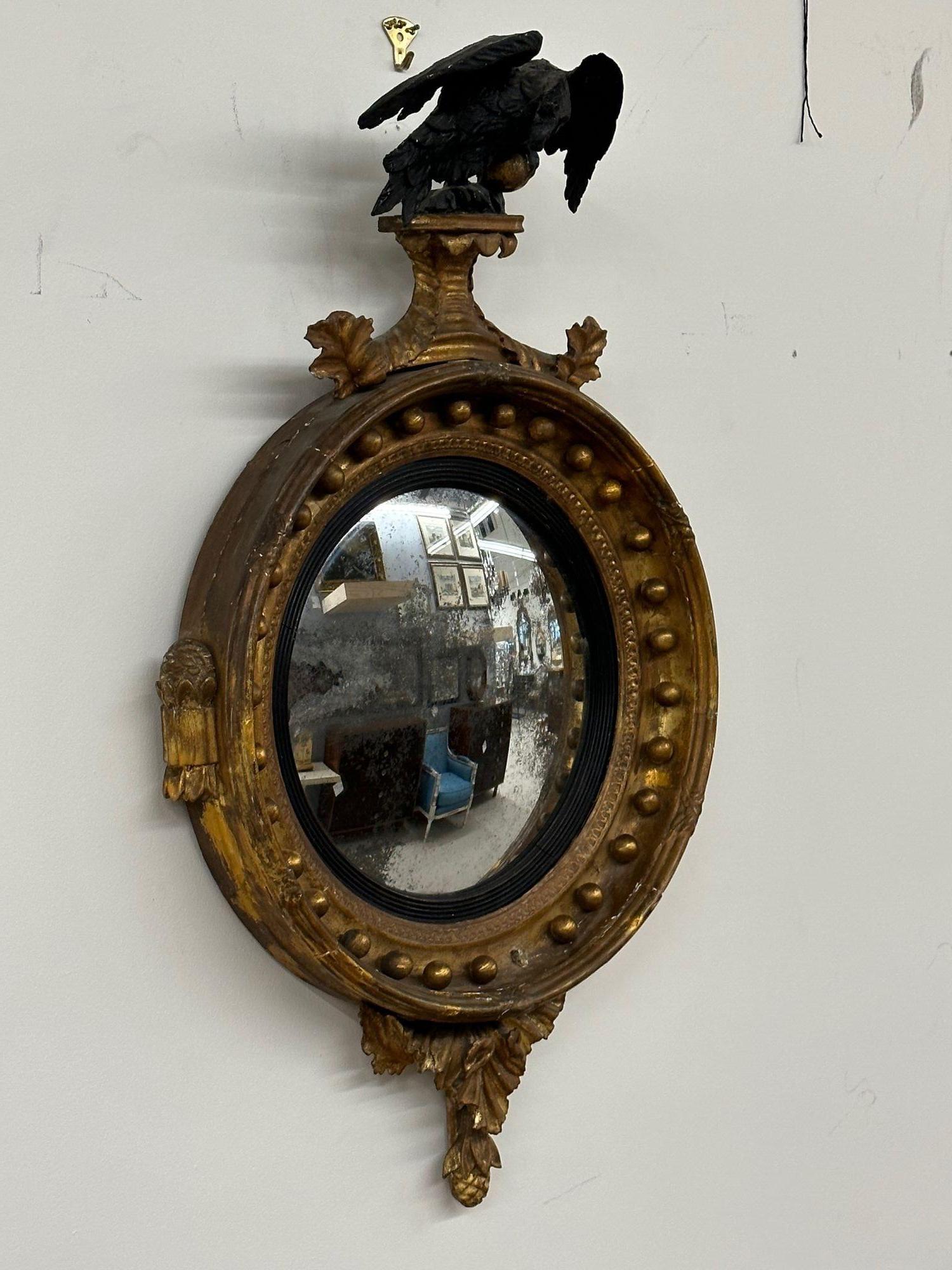 English Antique Federal Style Gilt Gold Convex Wall / Console / Pier Mirror, Distressed For Sale