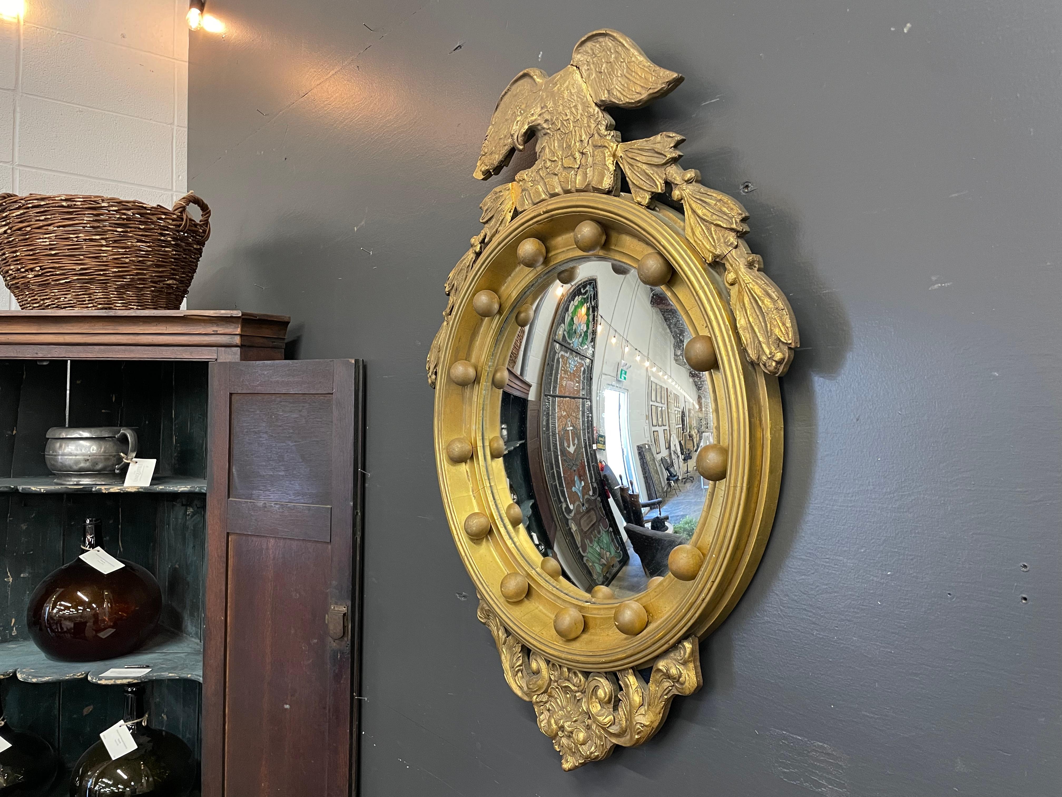 Antique Federal Style Giltwood Convex Mirror 5