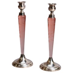 Federal Style Hawkes Etched Rose Glass and Sterling Candlesticks, circa 1930