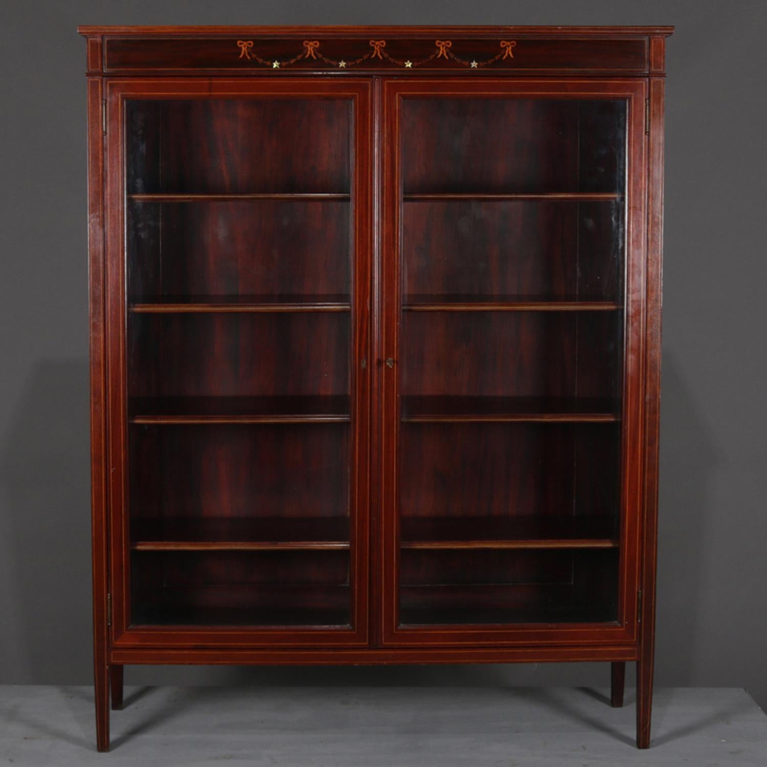 20th Century Antique Federal Style Mahogany and Satinwood Inlaid Two-Door Enclosed Bookcase