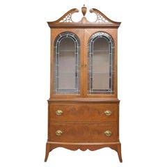 Antique Federal Style Mahogany China Display Cabinet with Stained Glass Doors