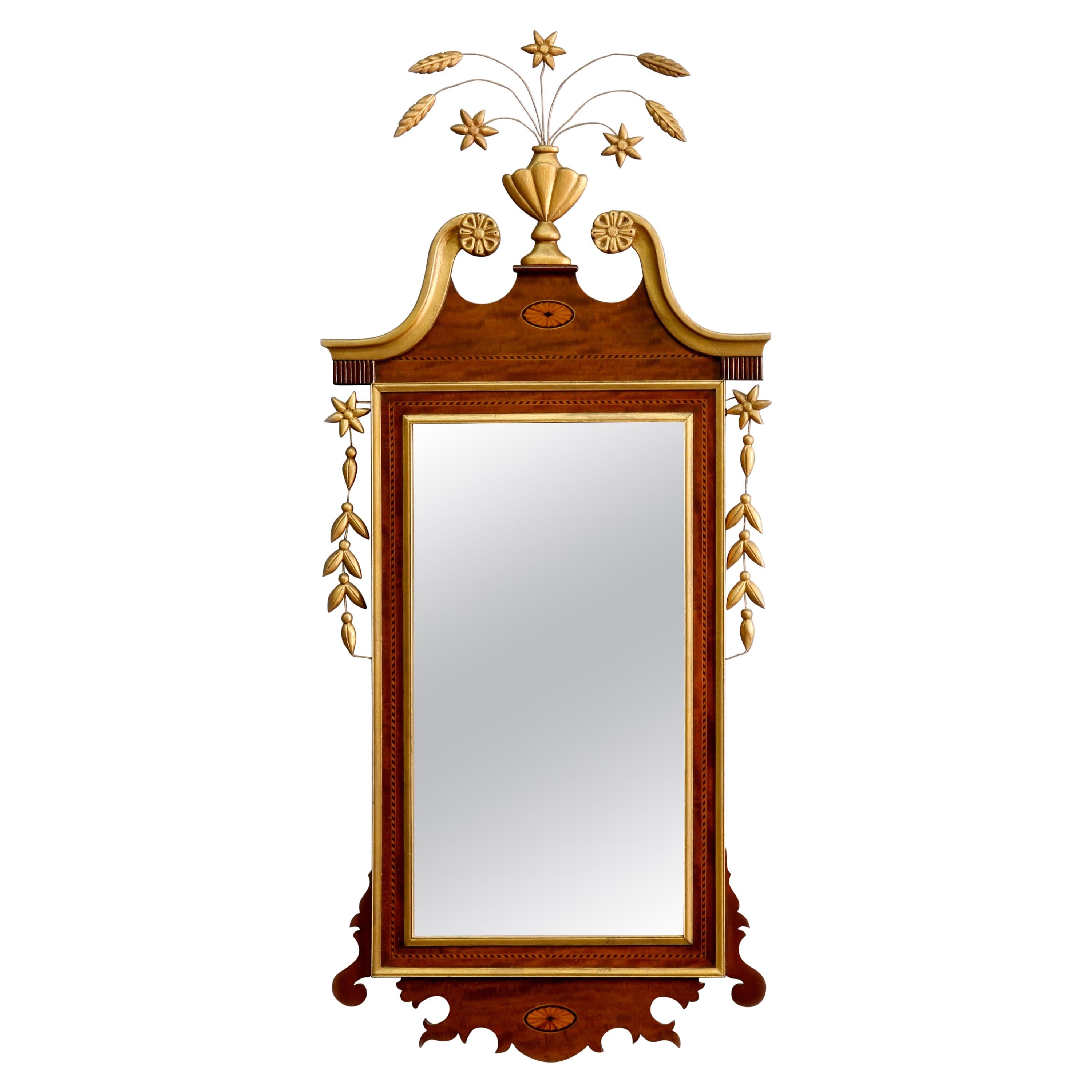 Federal Style Satinwood Inlaid Mahogany Parcel-Gilt Wall Mirror, 20th Century