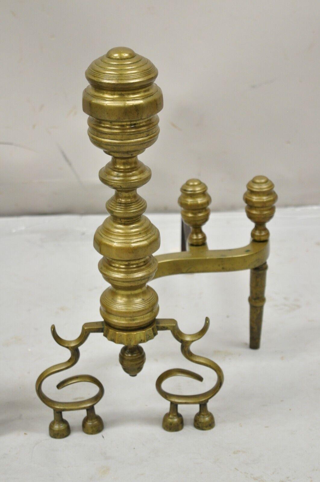 Antique Federal Style Turned Brass & Cast Iron Fireplace Andirons - a Pair. Circa  Early 20th Century. Measurements: 18