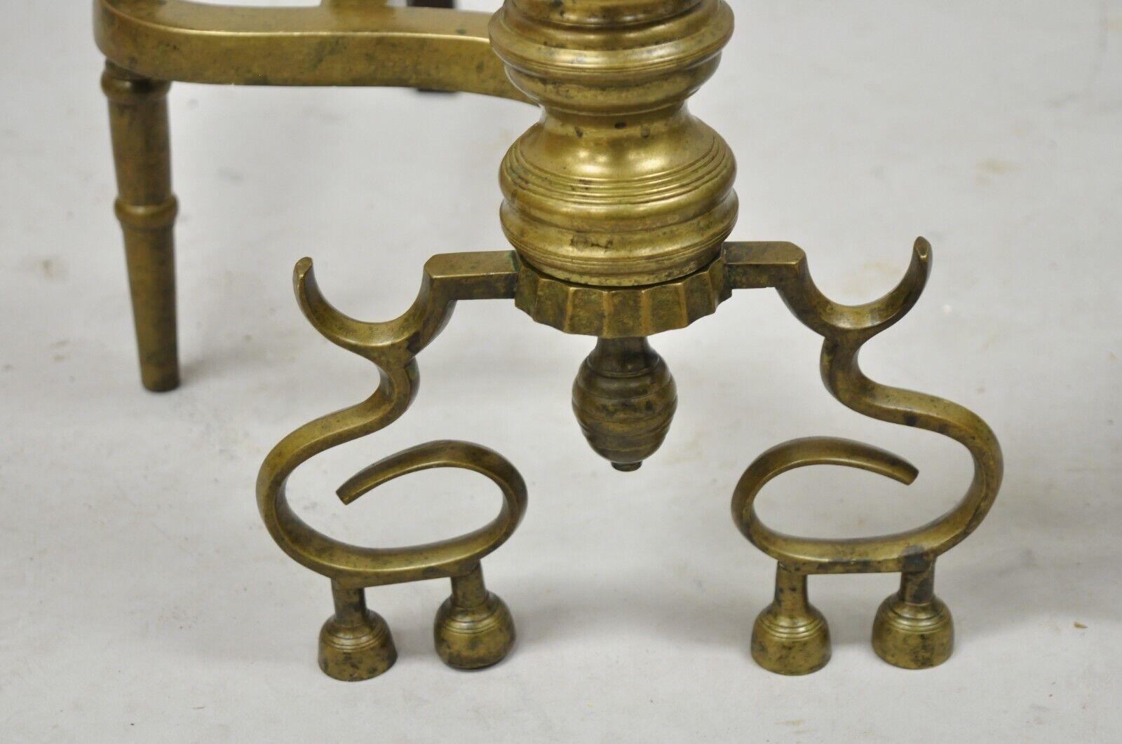 Antique Federal Style Turned Brass & Cast Iron Fireplace Andirons - a Pair In Good Condition For Sale In Philadelphia, PA