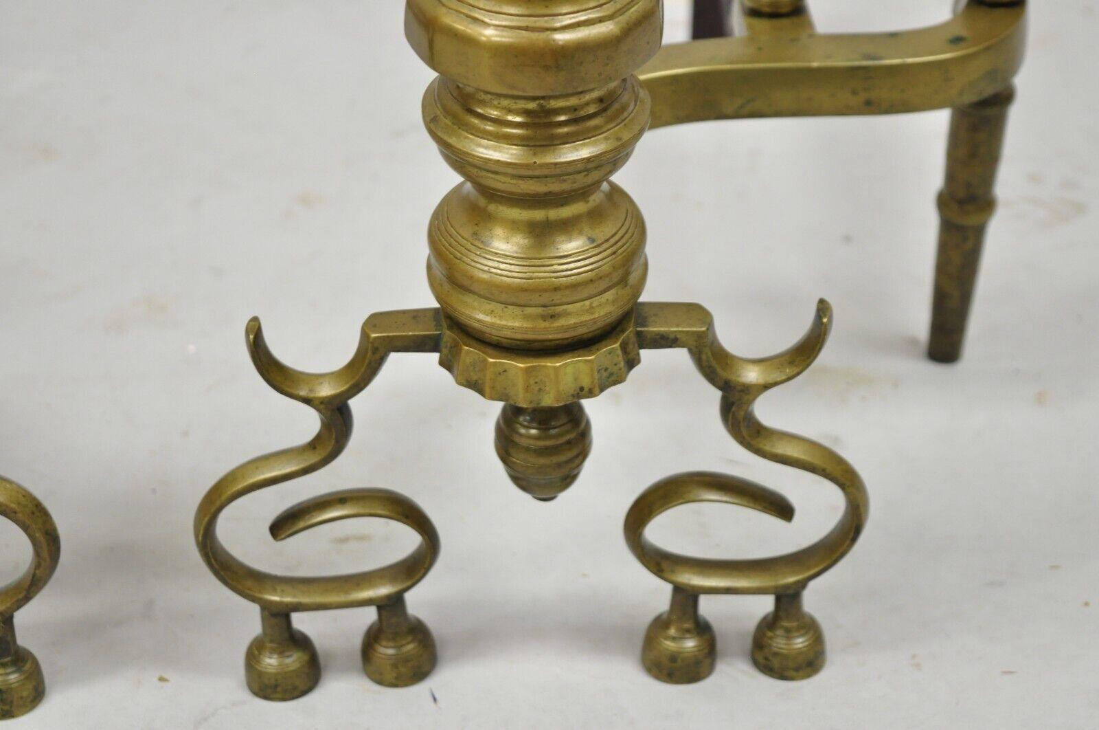 20th Century Antique Federal Style Turned Brass & Cast Iron Fireplace Andirons - a Pair For Sale