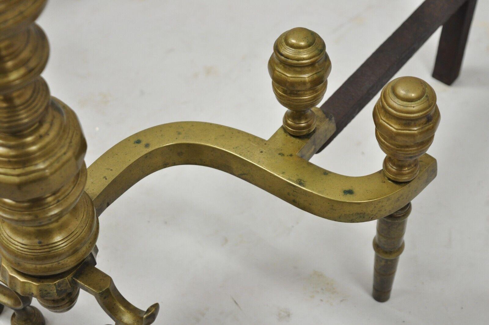 Antique Federal Style Turned Brass & Cast Iron Fireplace Andirons - a Pair For Sale 1