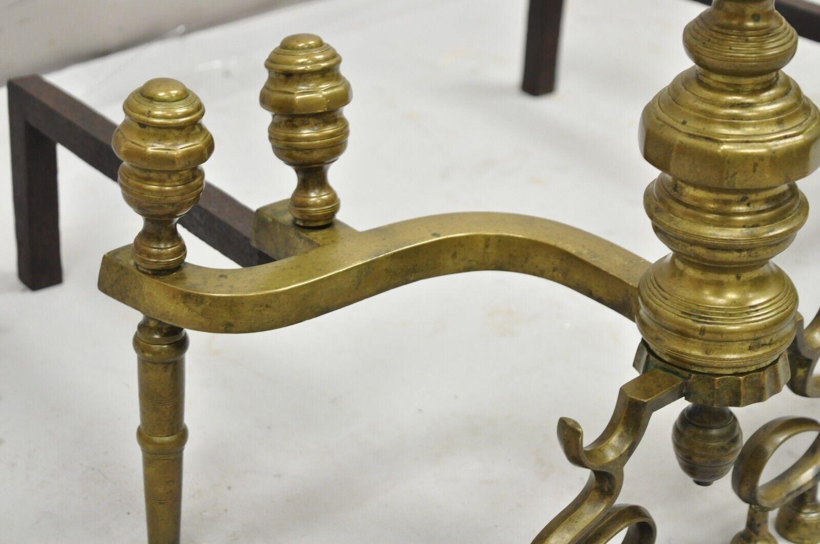 Antique Federal Style Turned Brass & Cast Iron Fireplace Andirons - a Pair For Sale 2