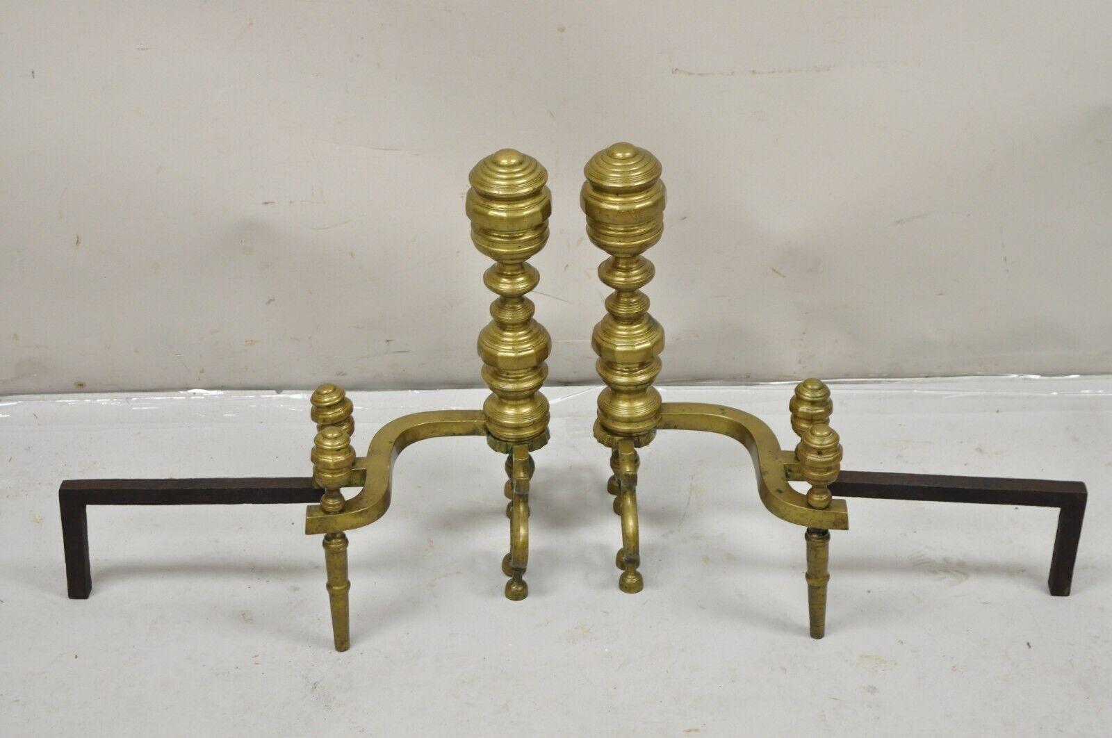 Antique Federal Style Turned Brass & Cast Iron Fireplace Andirons - a Pair For Sale 4