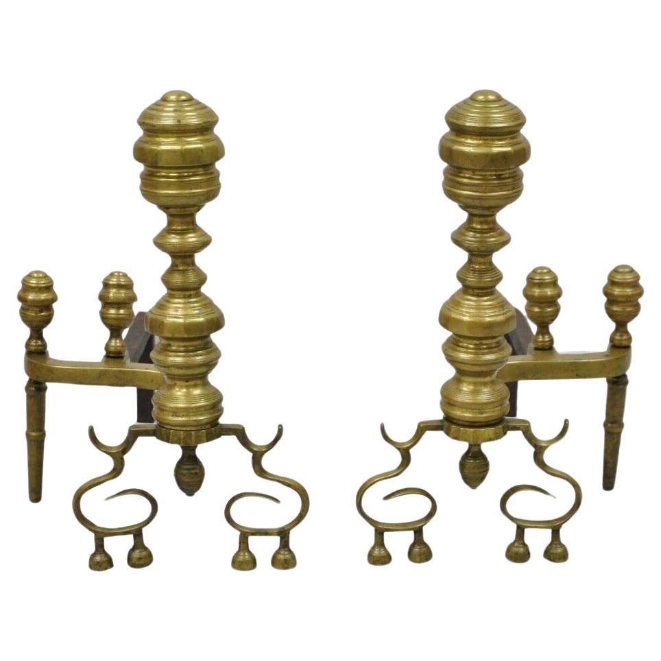 Antique Federal Style Turned Brass & Cast Iron Fireplace Andirons - a Pair For Sale
