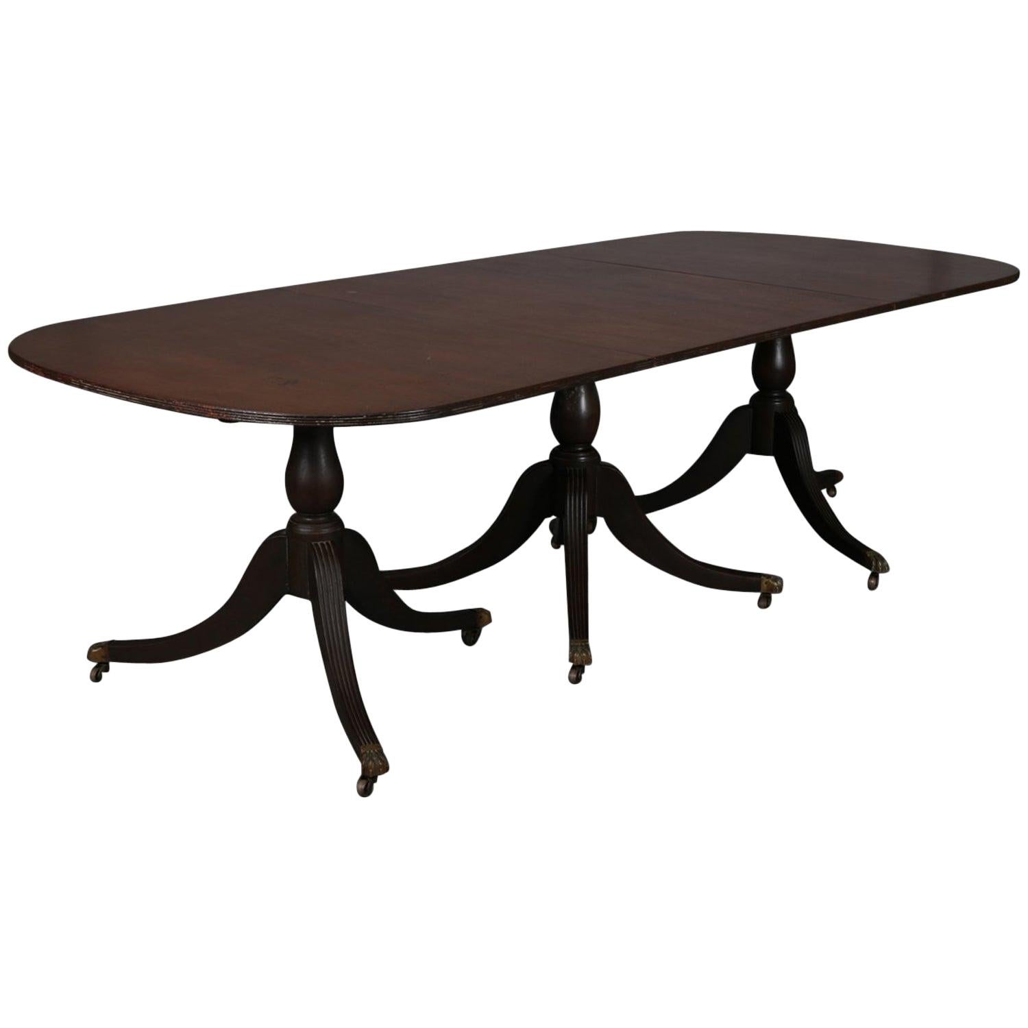 Antique Federal Triple Pedestal Mahogany Banquet Table with 2 Leaves, circa 1890