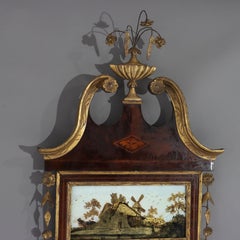 Antique Federal Trumeau Flame Mahogany Reverse Painted Mirror 19ème siècle