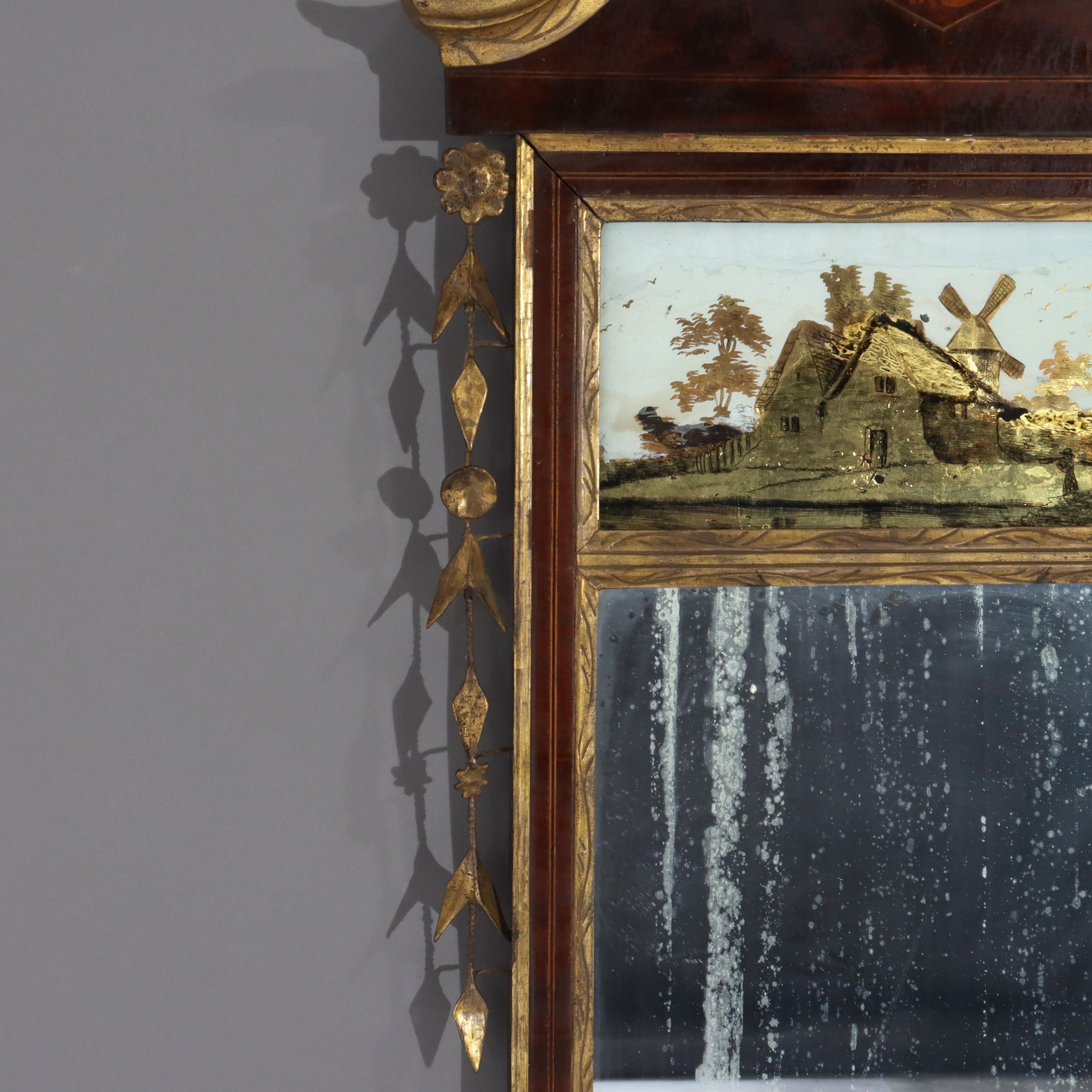 Fédéral Antique Federal Trumeau Flame Mahogany Reverse Painted Mirror 19ème siècle en vente