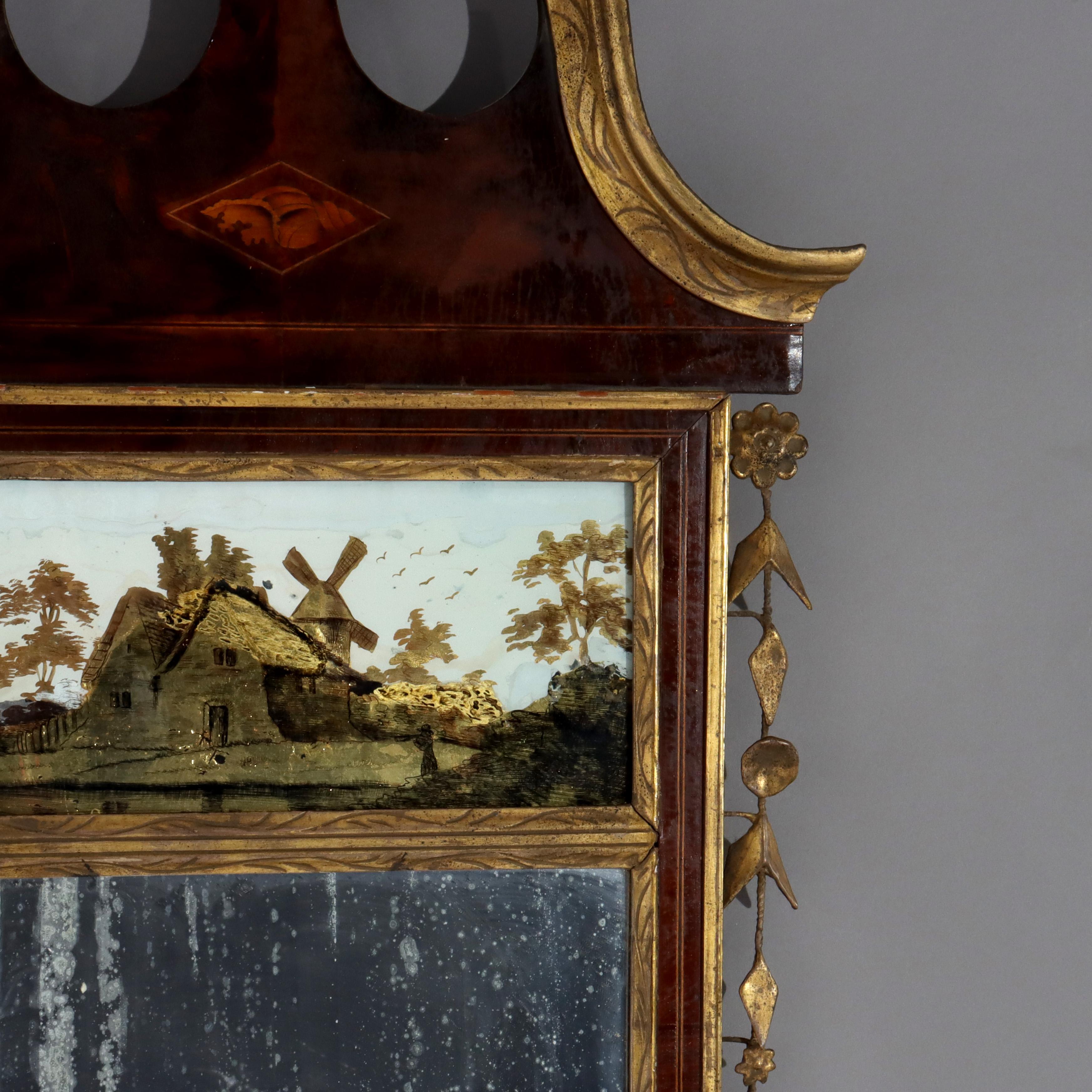 Antique Federal Trumeau Flame Mahogany Reverse Painted Mirror 19ème siècle Bon état - En vente à Big Flats, NY