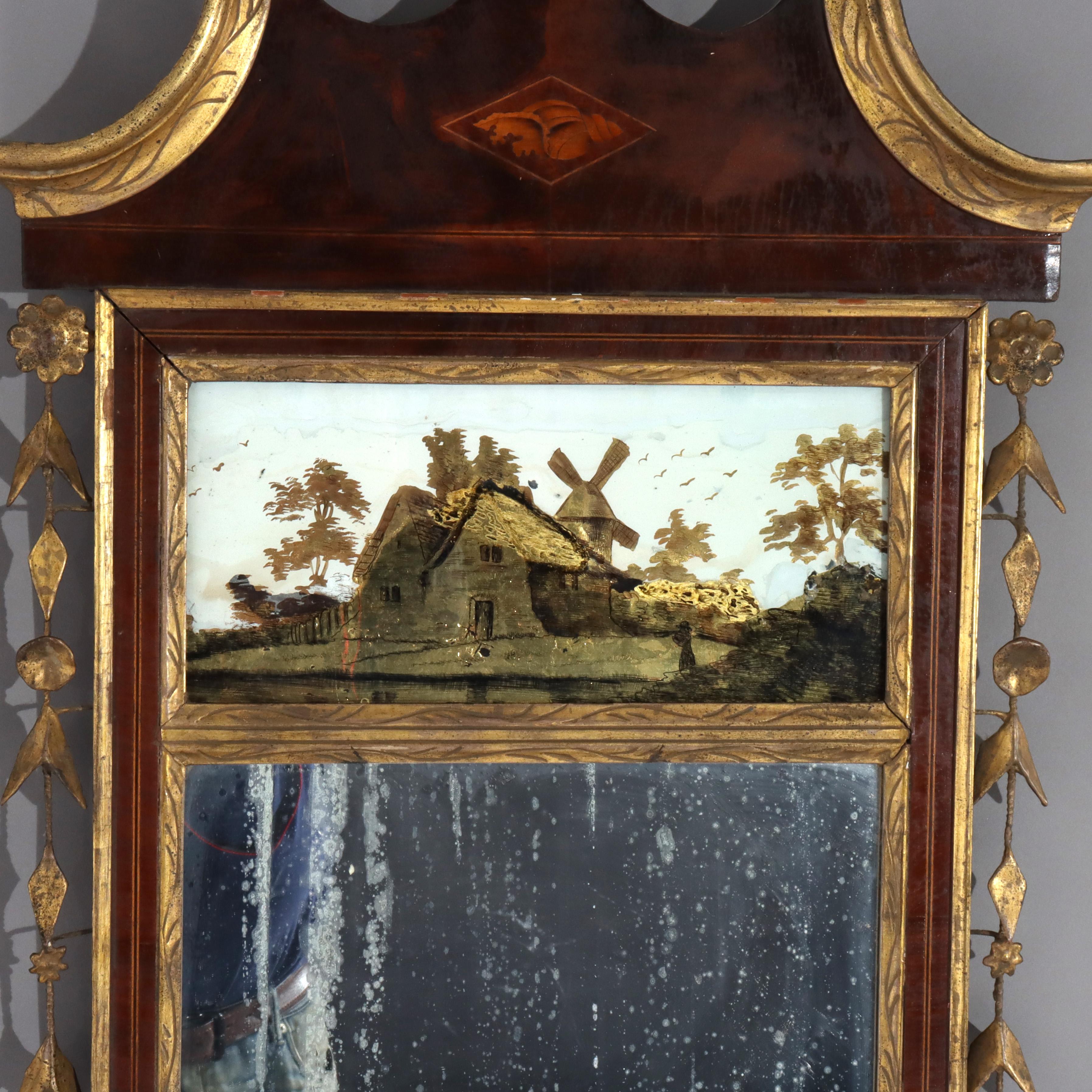 XIXe siècle Antique Federal Trumeau Flame Mahogany Reverse Painted Mirror 19ème siècle en vente