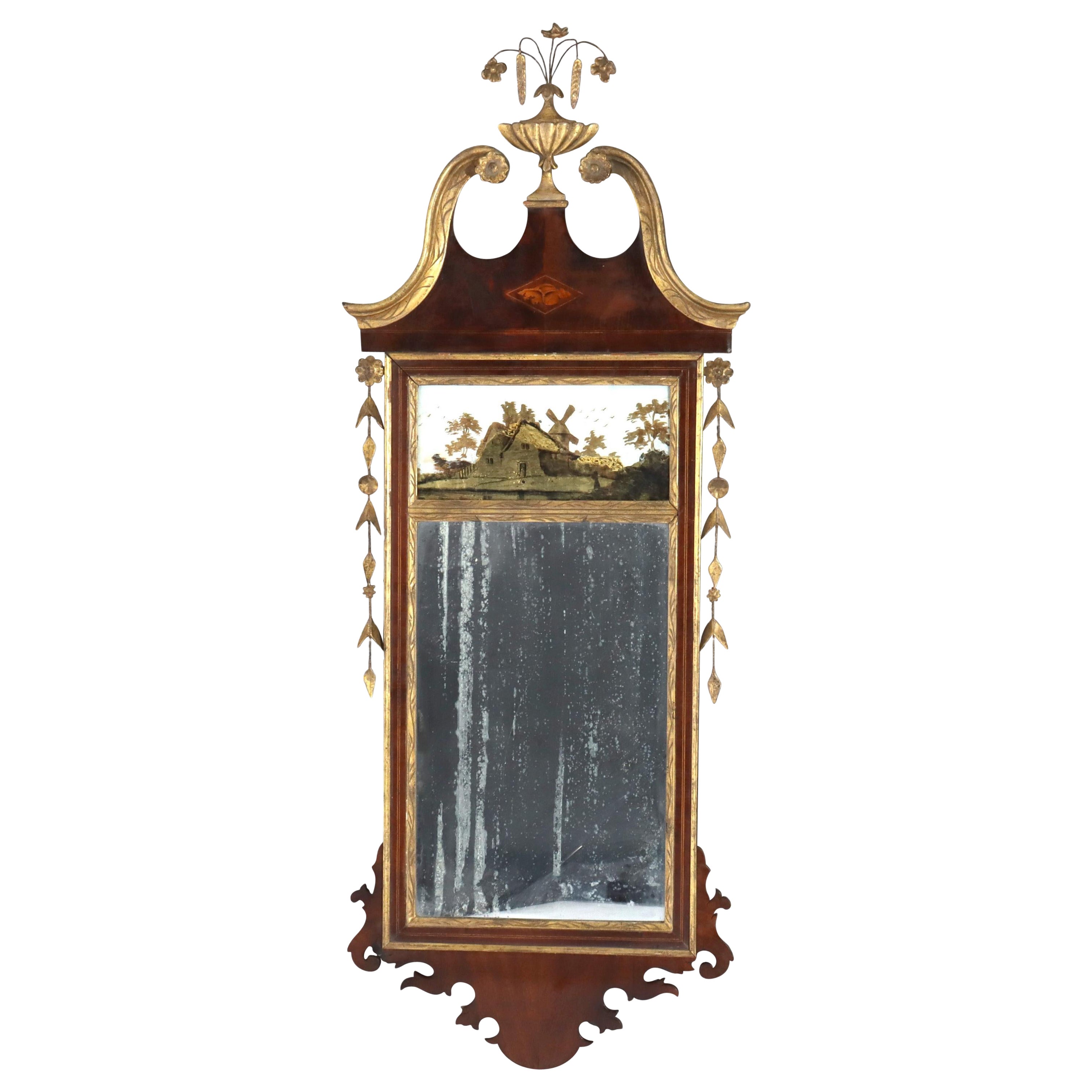 Antique Federal Trumeau Flame Mahogany Reverse Painted Mirror 19ème siècle en vente