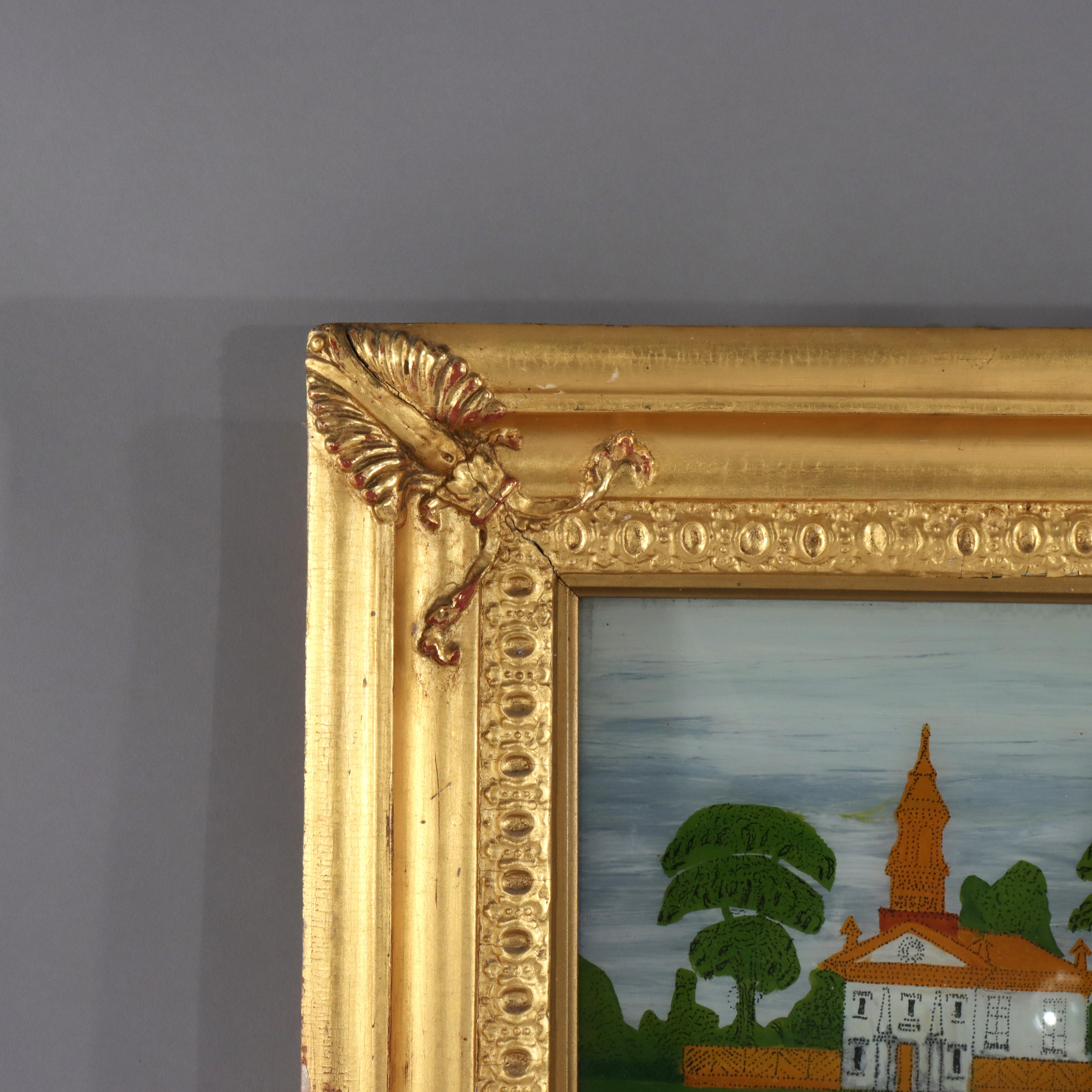 Fédéral Antique Federal Trumeau Reverse Painted Gilt Wood Mirror Unsigned 19thC en vente