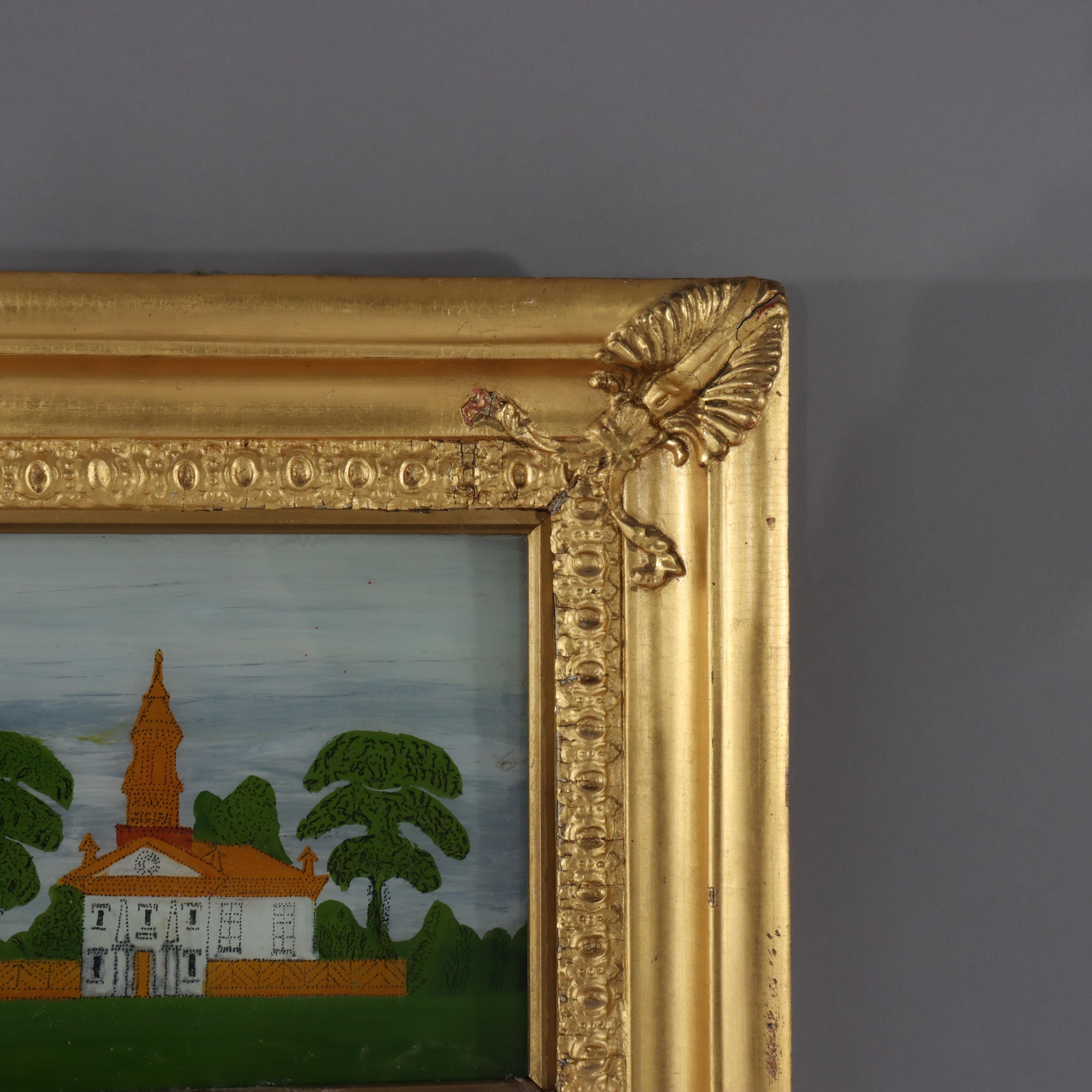 Antique Federal Trumeau Reverse Painted Gilt Wood Mirror Unsigned 19thC Bon état - En vente à Big Flats, NY