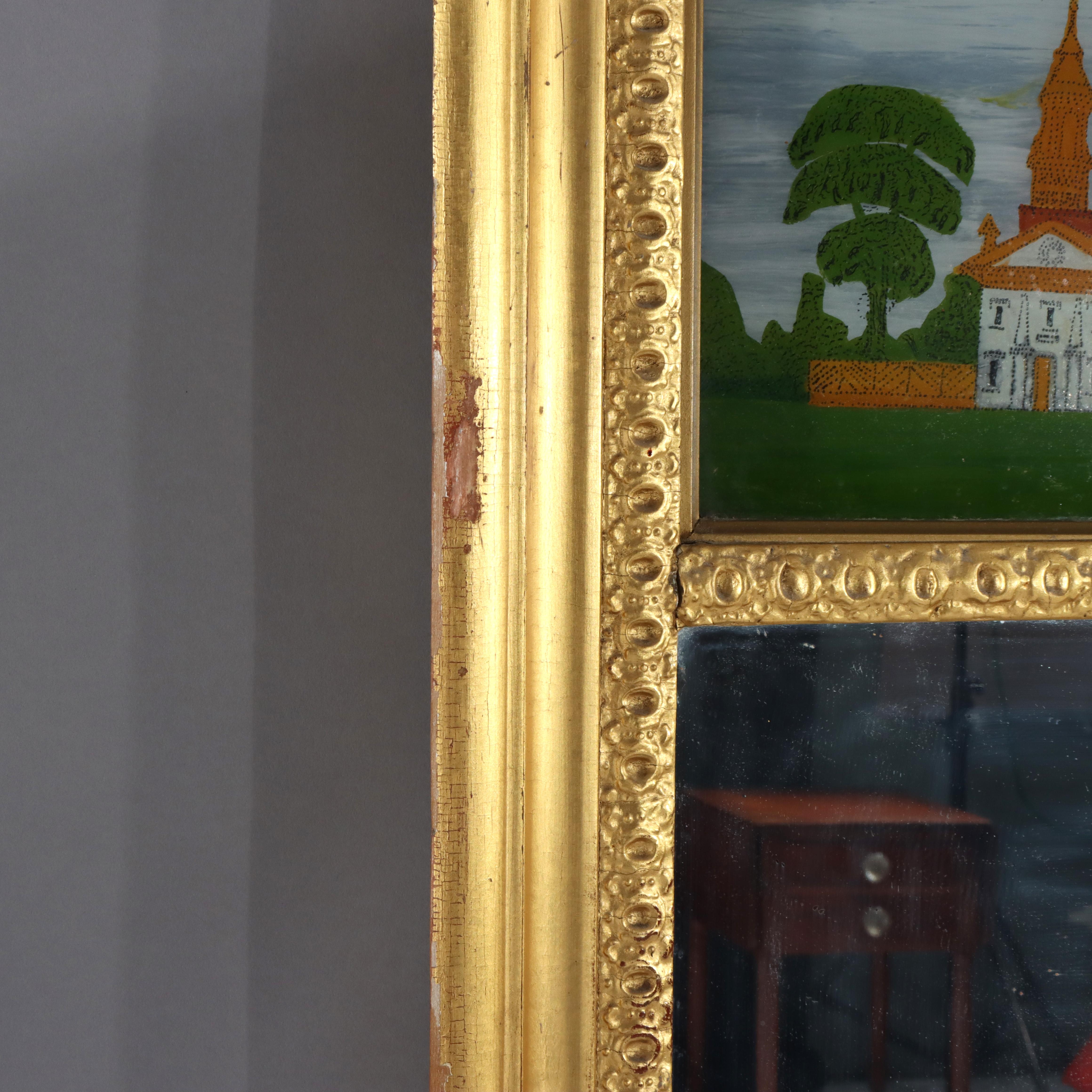 Antique Federal Trumeau Reverse Painted Gilt Wood Mirror Unsigned 19thC en vente 1