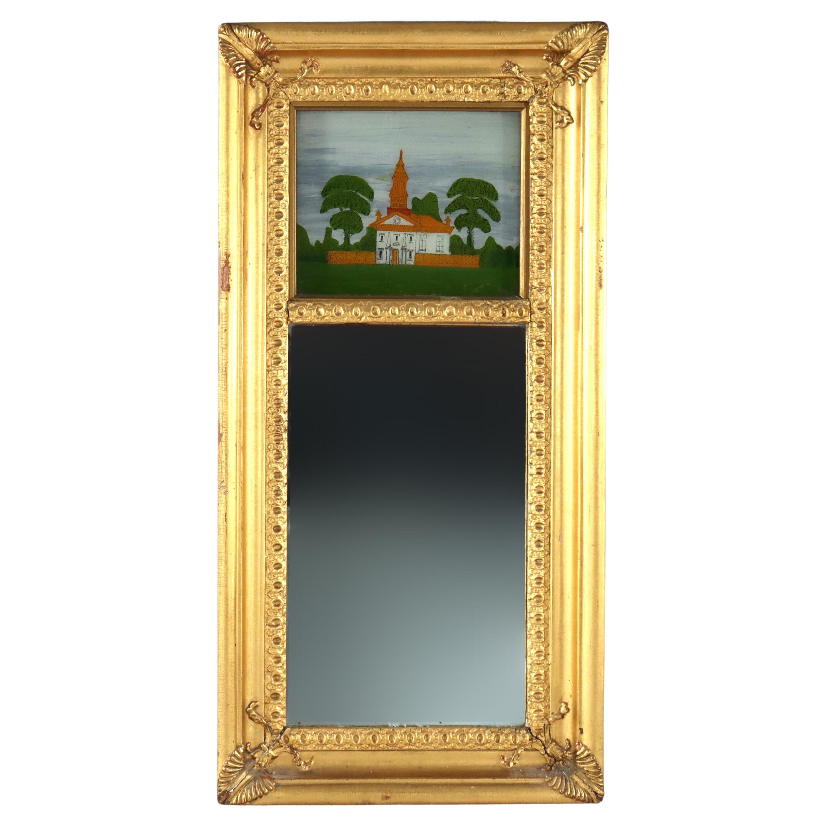 Antique Federal Trumeau Reverse Painted Gilt Wood Mirror Unsigned 19thC en vente