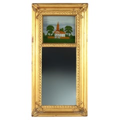 Antique Federal Trumeau Reverse Painted Gilt Wood Mirror Unsigned 19thC
