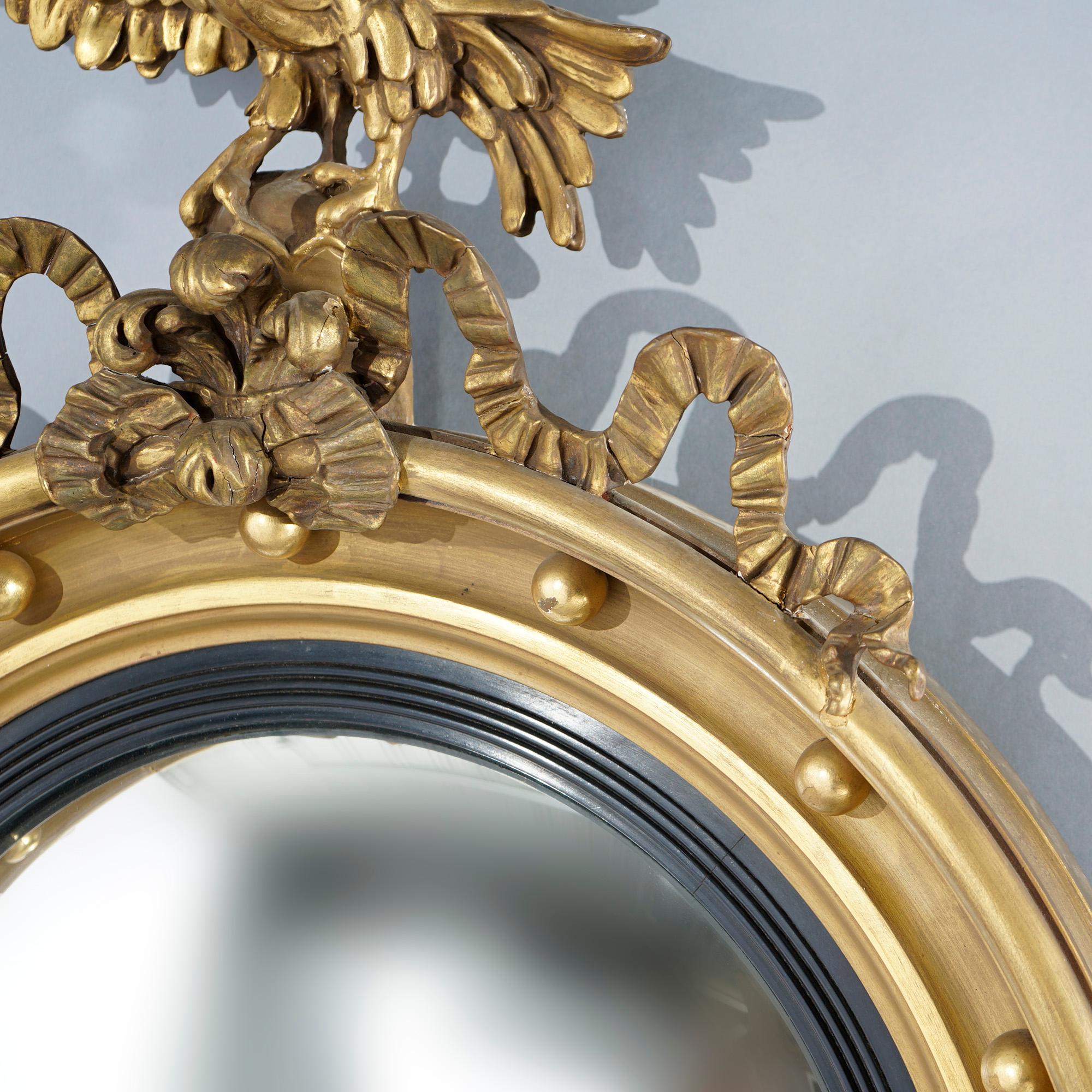 American Antique Federalist Bullseye Convex Giltwood Wall Mirror with Eagle, c1890
