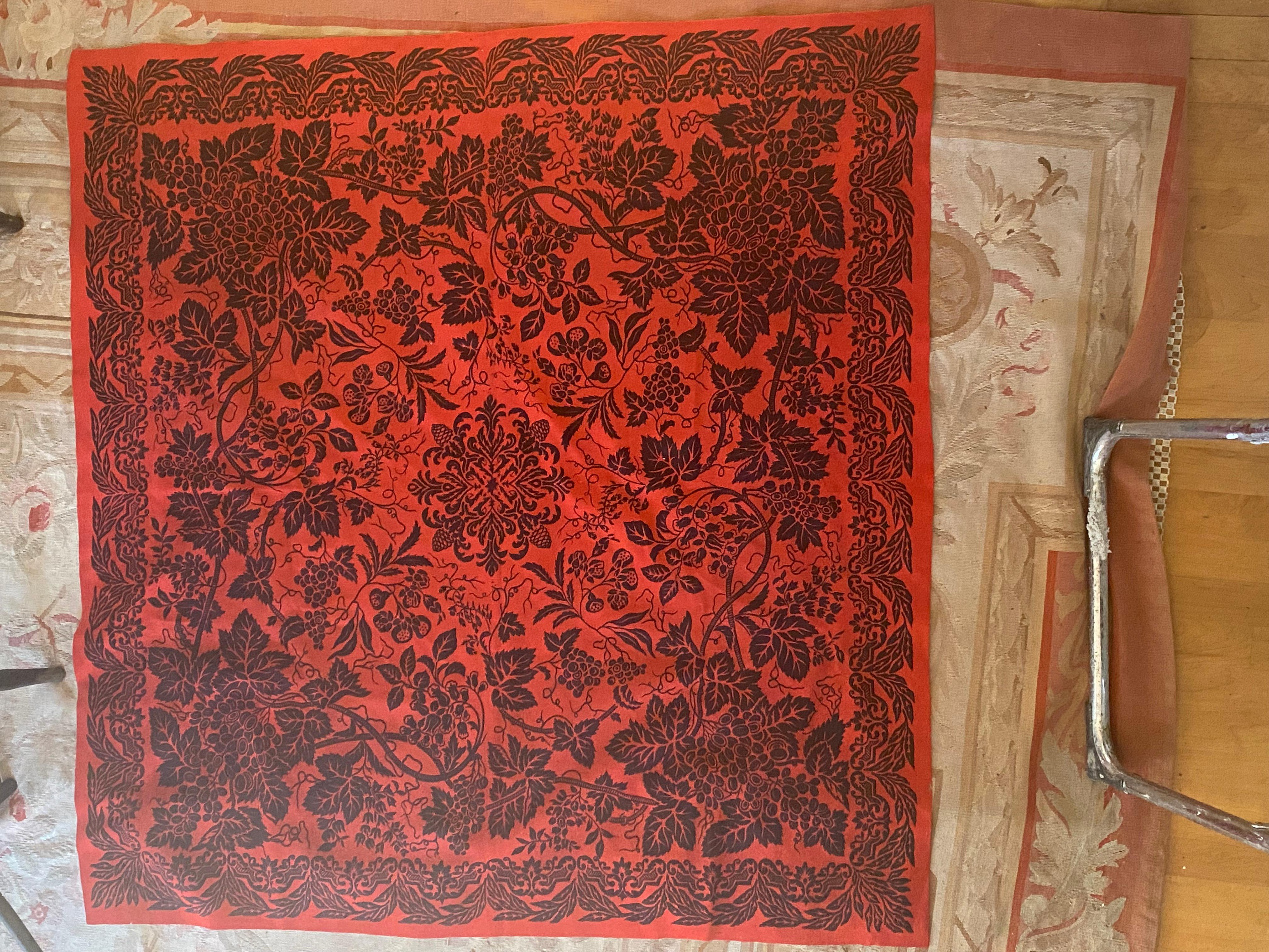American Antique Felt Table Covering Red and Black Wool, Intaglio Late 19th C For Sale