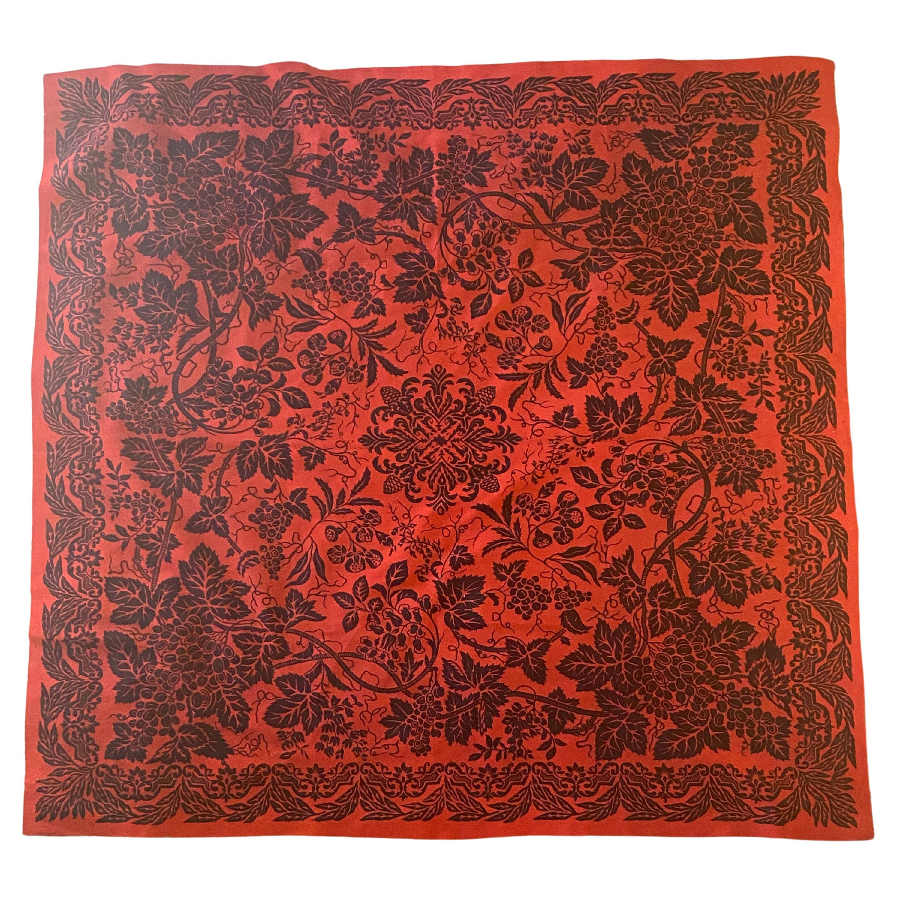 Antique Felt Table Covering Red and Black Wool, Intaglio Late 19th C For Sale