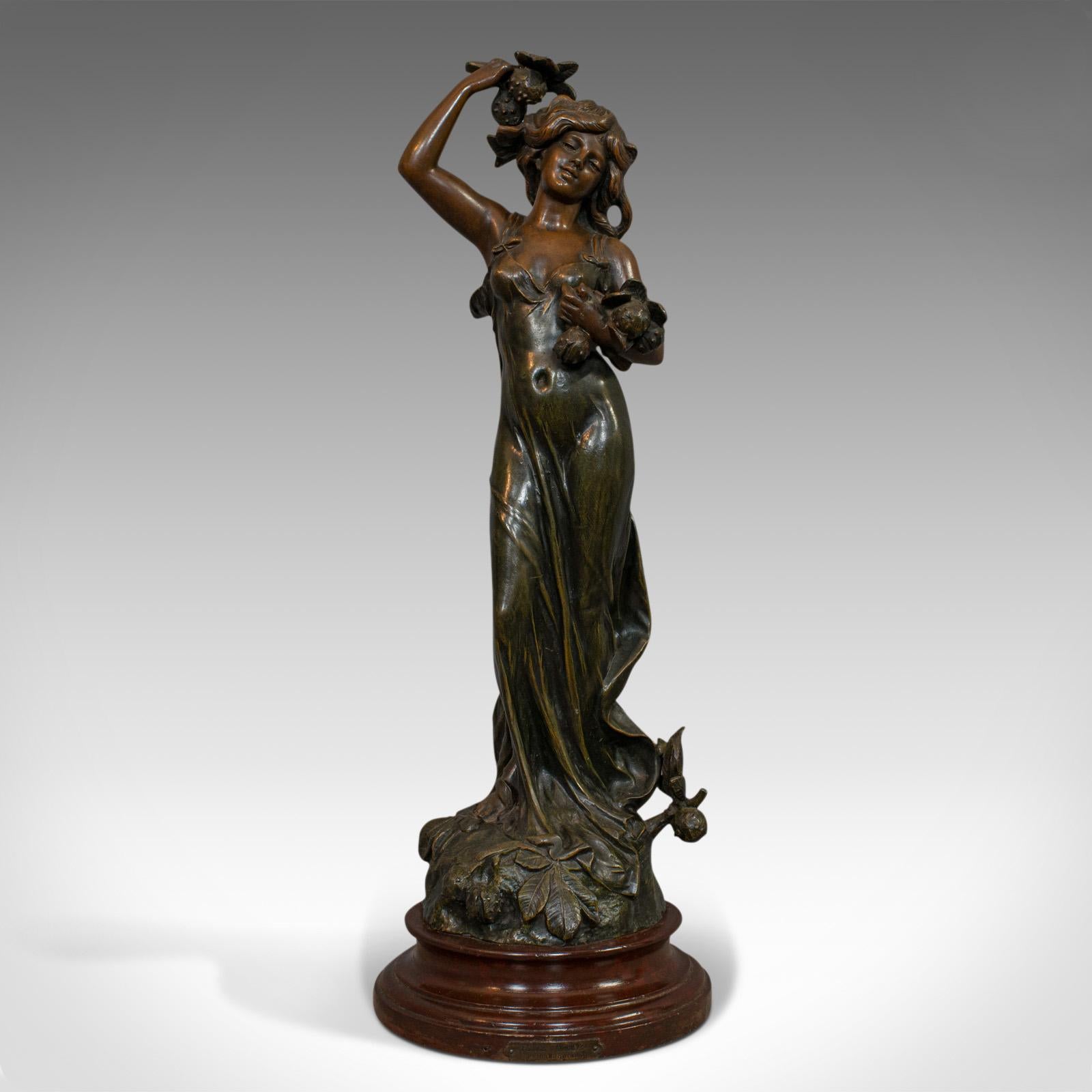 This is an antique female figure. A French, bronze spelter statue in Art Nouveau taste, dating to the early 20th century, circa 1920.

Beautiful lithe form and coloring
Displays a desirable aged patina
Bronze spelter delightfully