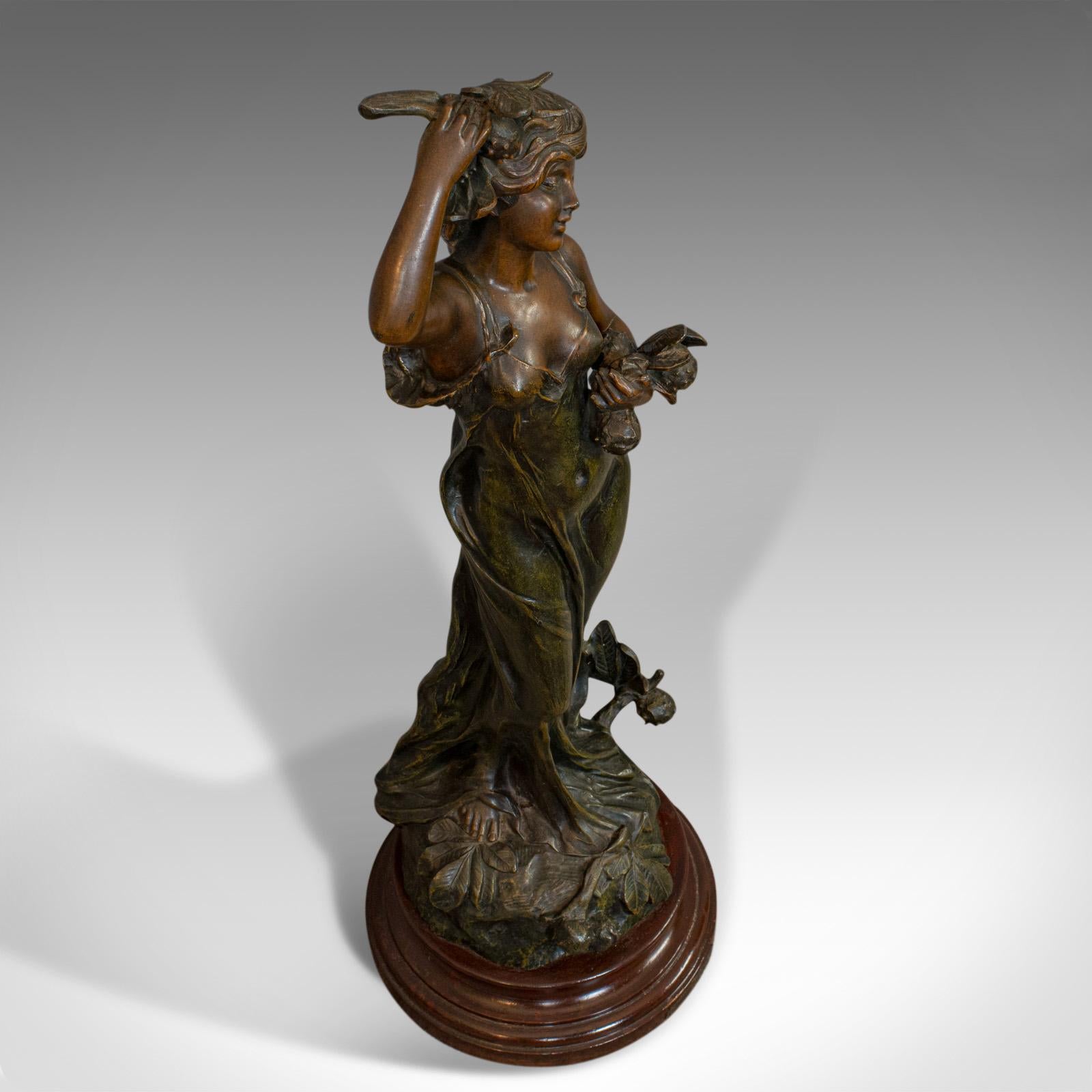 20th Century Antique Female Figure, French, Bronze Spelter, Statue, Art Nouveau, circa 1920