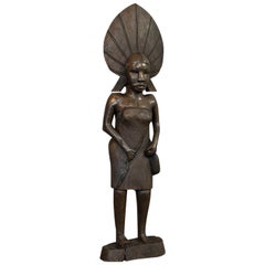 Estatua Femenina Antigua, Africana, Ébano, Tallada a Mano, Figura Tribal, circa 1900