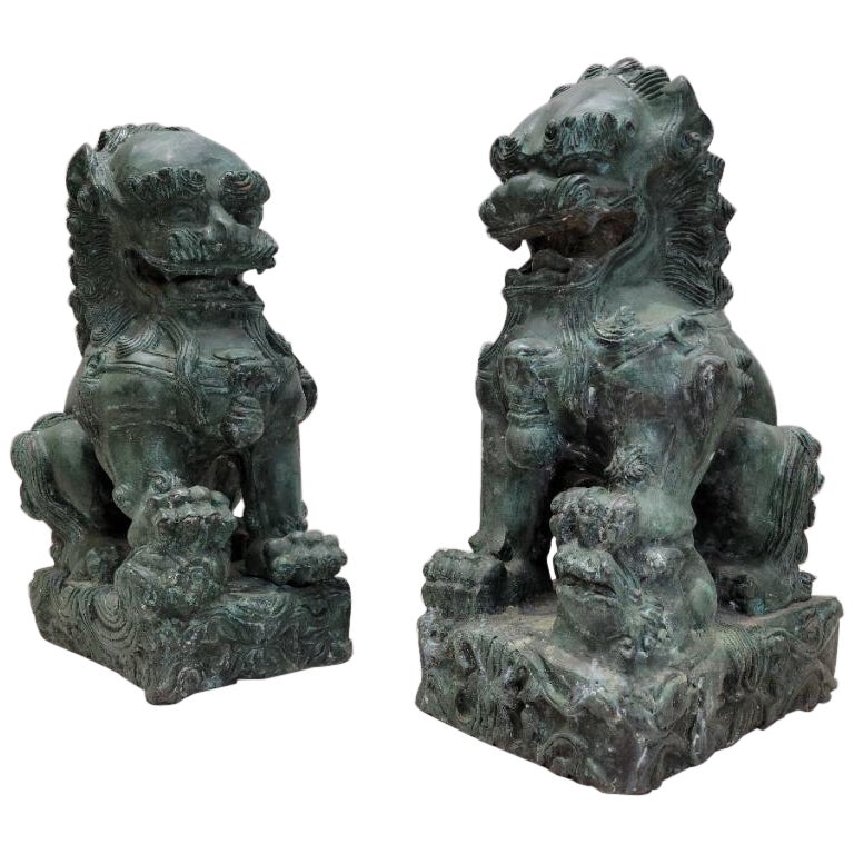Fengshui Antiguo Escultura China de Bronce León Guardián Perro Foo - Pareja