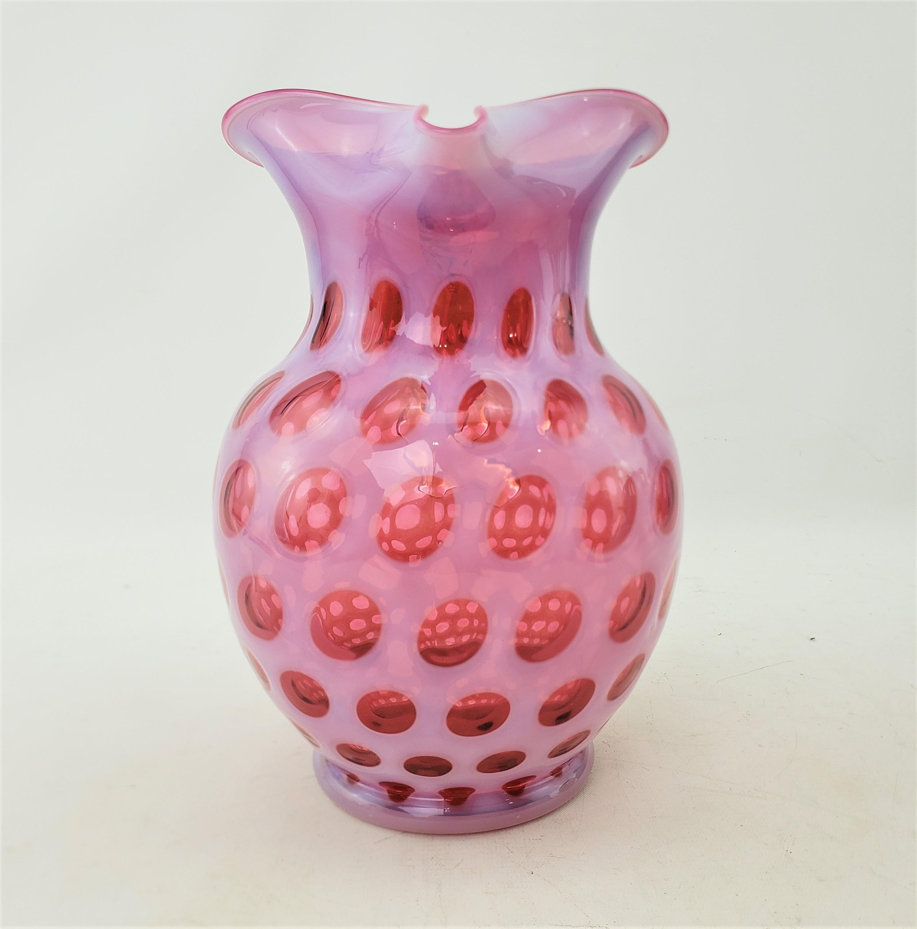 Hand-Crafted Antique Fenton Large Cranberry Opalescent Coin Dot Art Glass Pitcher For Sale