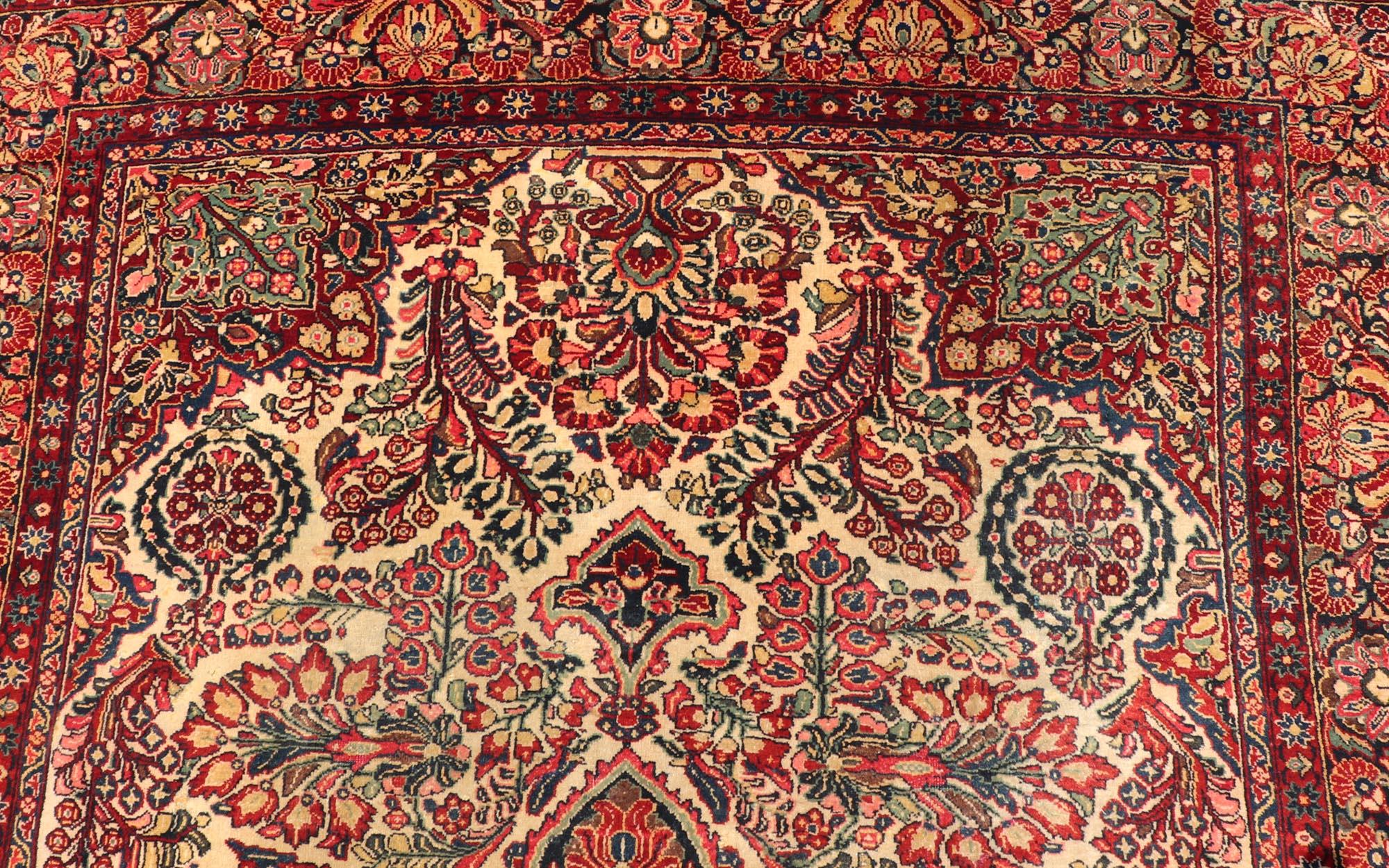 Wool Antique Feraghan Sarouk Fine Persian Rug in Ivory Background & Intricate Design For Sale