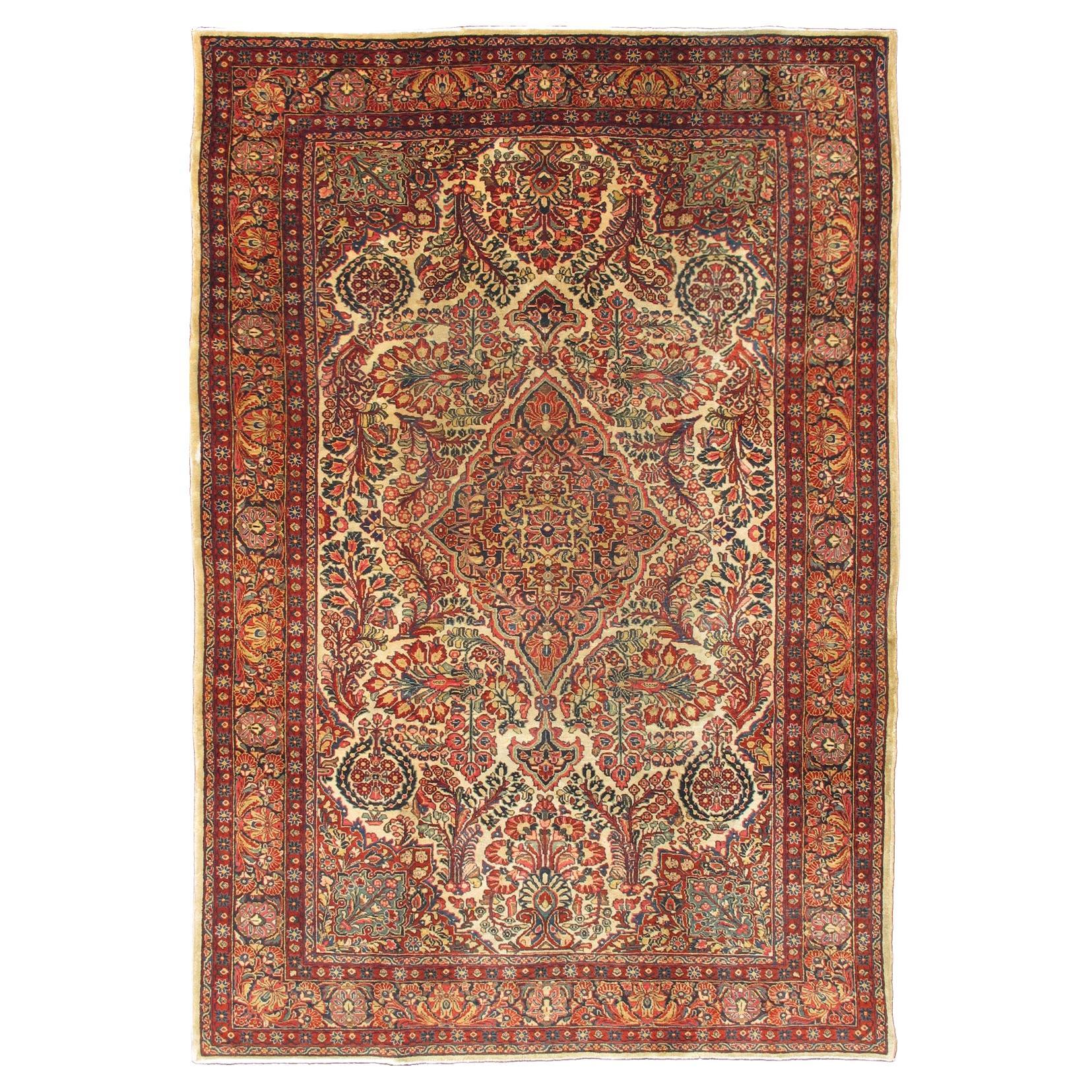 Antique Feraghan Sarouk Fine Persian Rug in Ivory Background & Intricate Design